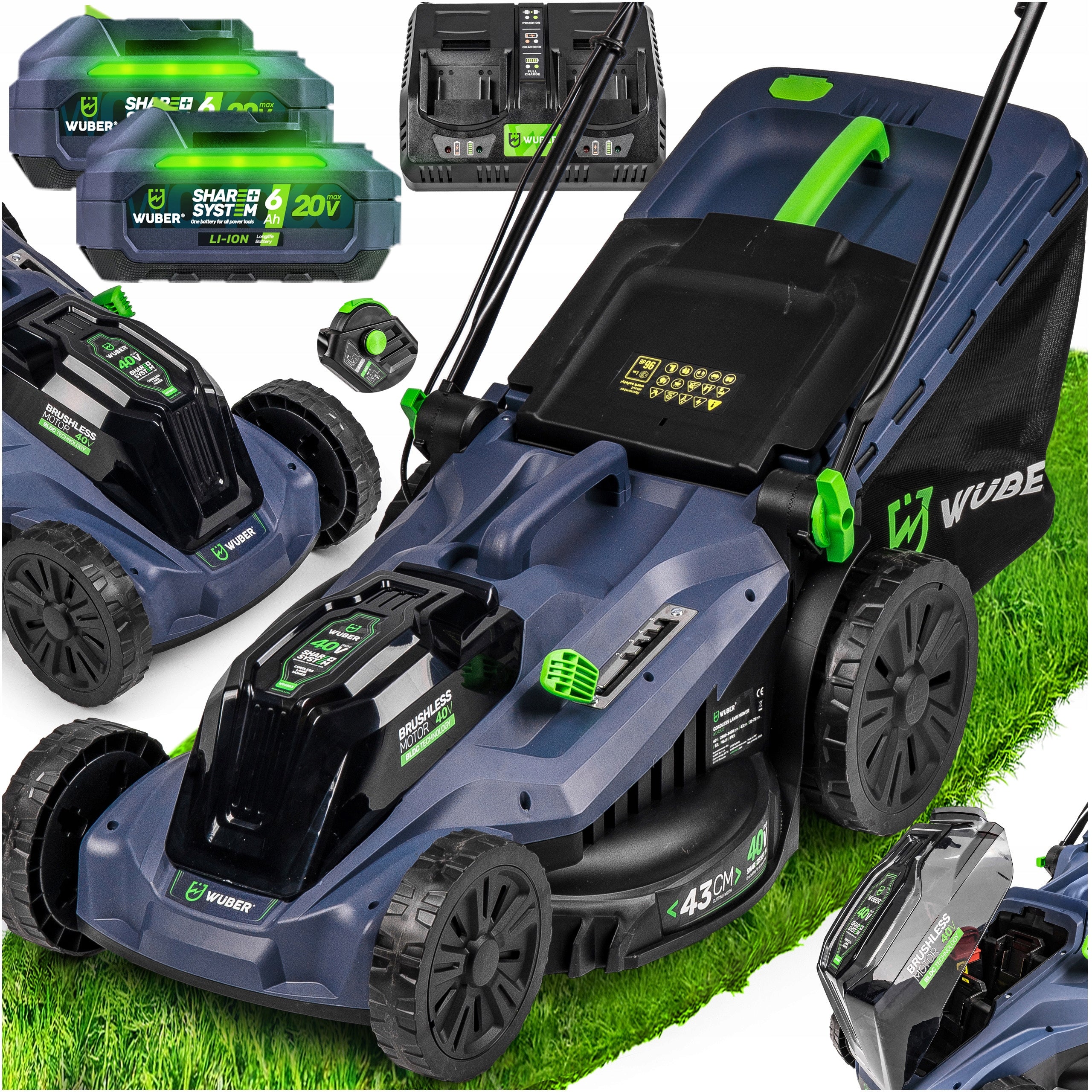 43CM BRUSHLESS CORDLESS LAWN MOWER FOR GRASS 2X AKU 6 AH STRONG WUBER