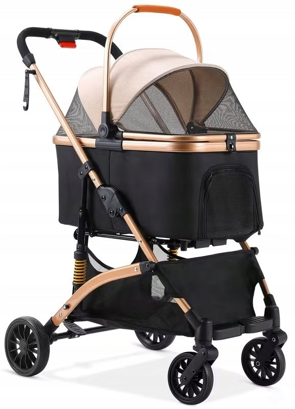4IN1 DOG AND CAT STROLLER BLACK AND GOLD ALUMINUM FRAME
