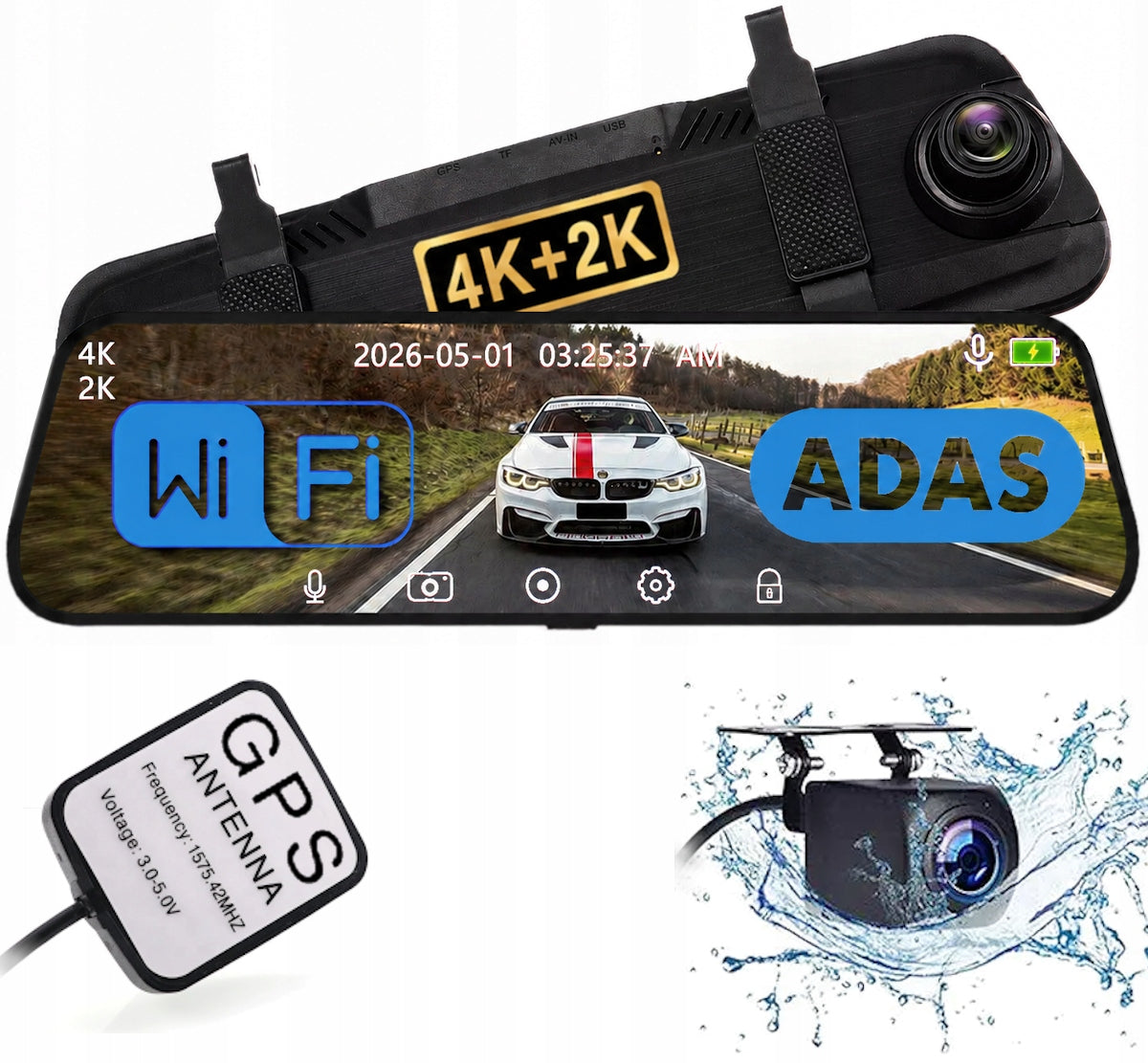 4K+2K UHD Video Recorder QHD Rear Camera, ADAS BSD WiFi GPS Mirror