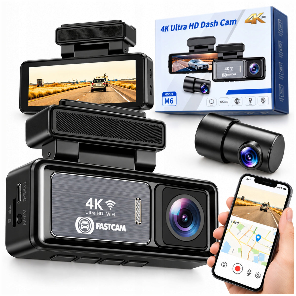 4K Car Camera Video Recorder Front Rear WiFi GPS Parking Mode