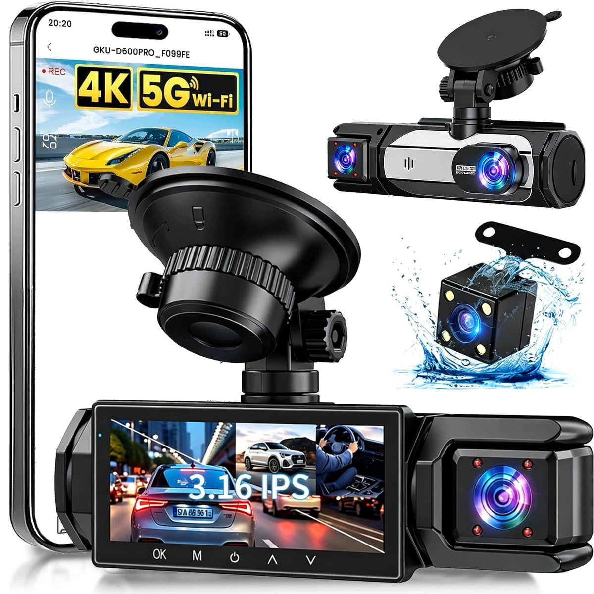 4K HD VIDEO RECORDER CAR CAMERA WIFI REVERSING CAMERA 3 LENSES