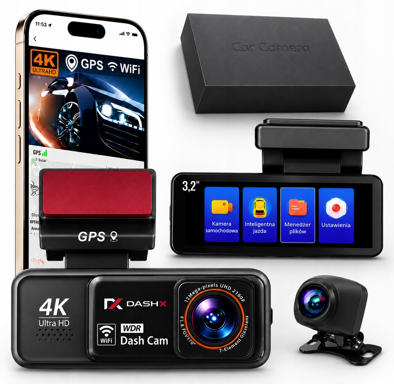 4K ULTRA HD Video Recorder Front + Rear GPS WiFi Car Camera 170°
