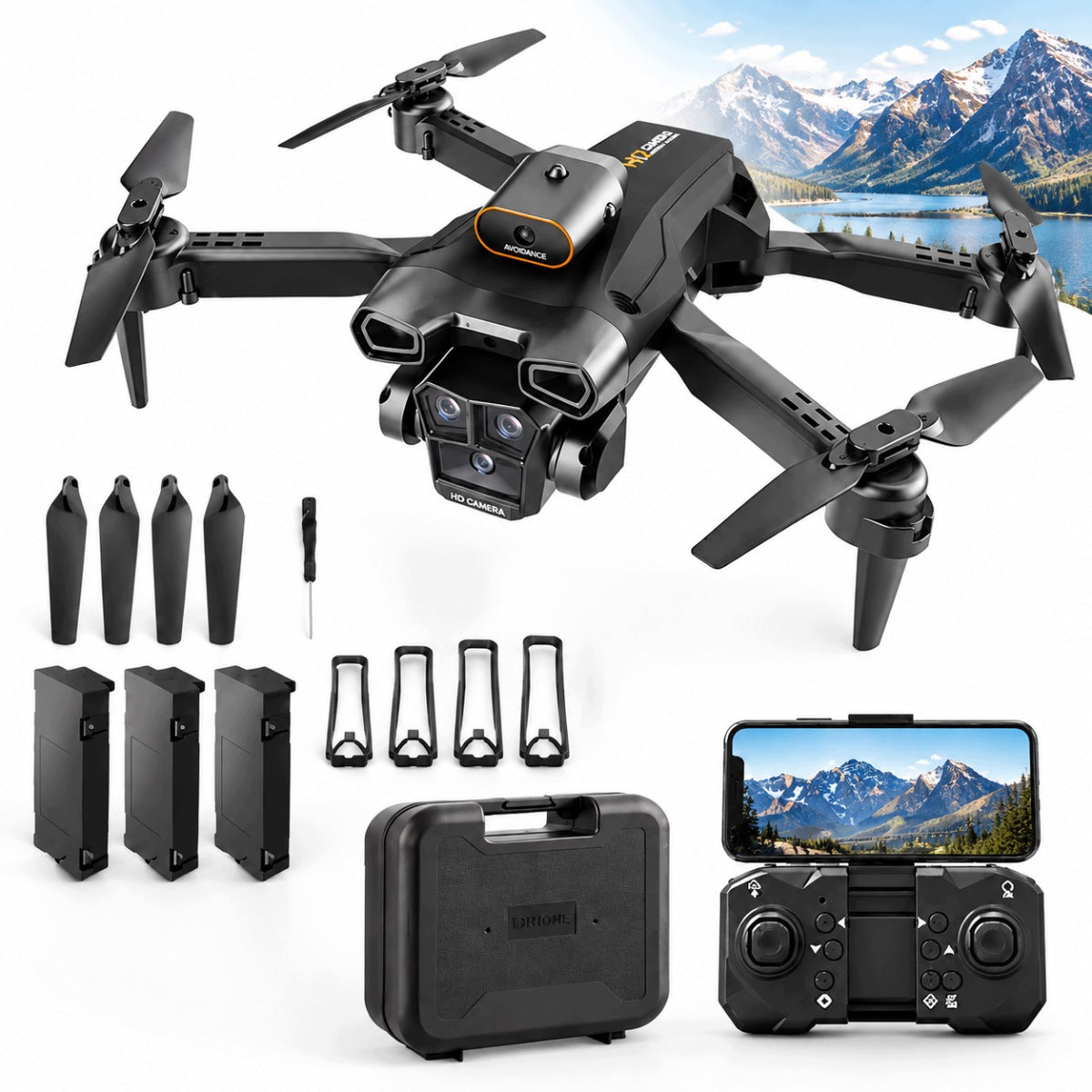 4K drone kit: camera, remote control, 3 batteries, propeller guards and carrying case