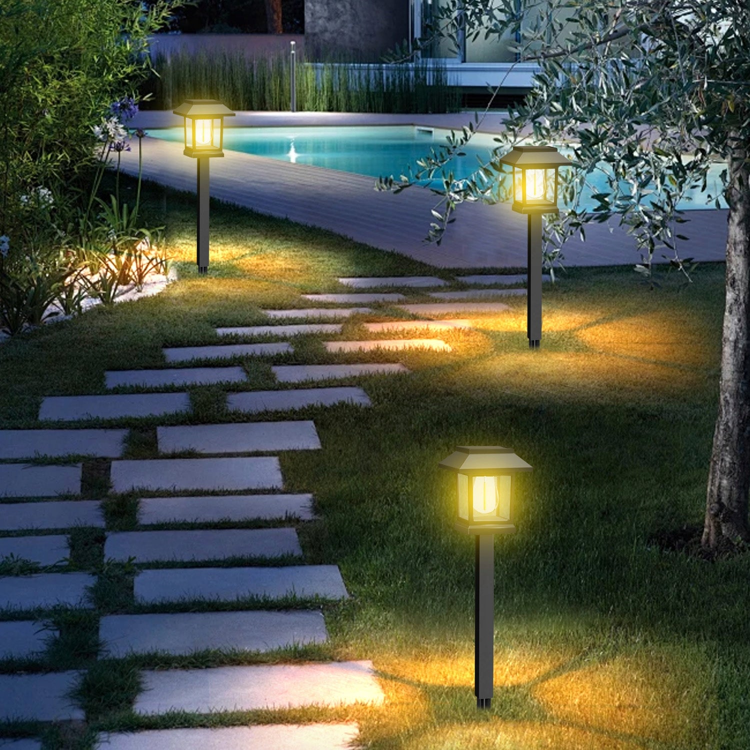 4X SOLAR GARDEN LAMP HAMMERED BULB GARDEN LIGHTS DUSK SENSOR Brand MEMFLOW
