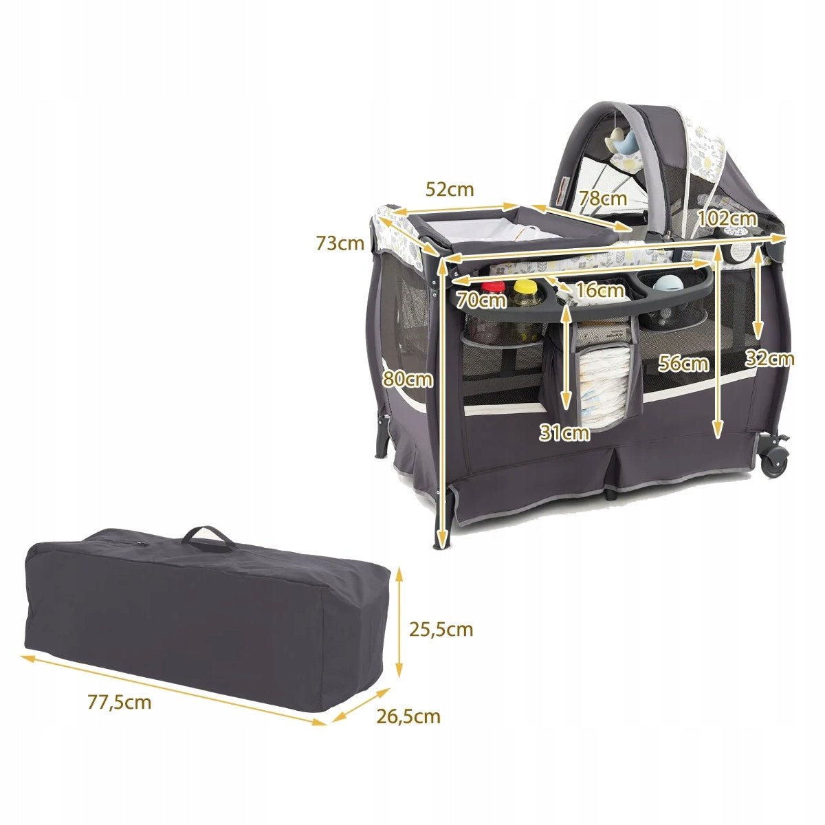 4in1 Folding Travel Cot with Mattress Canopy Cot Brand Costway