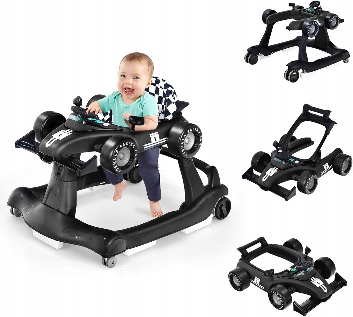 4in1 Height Adjustable Baby Walker Folding Car Black