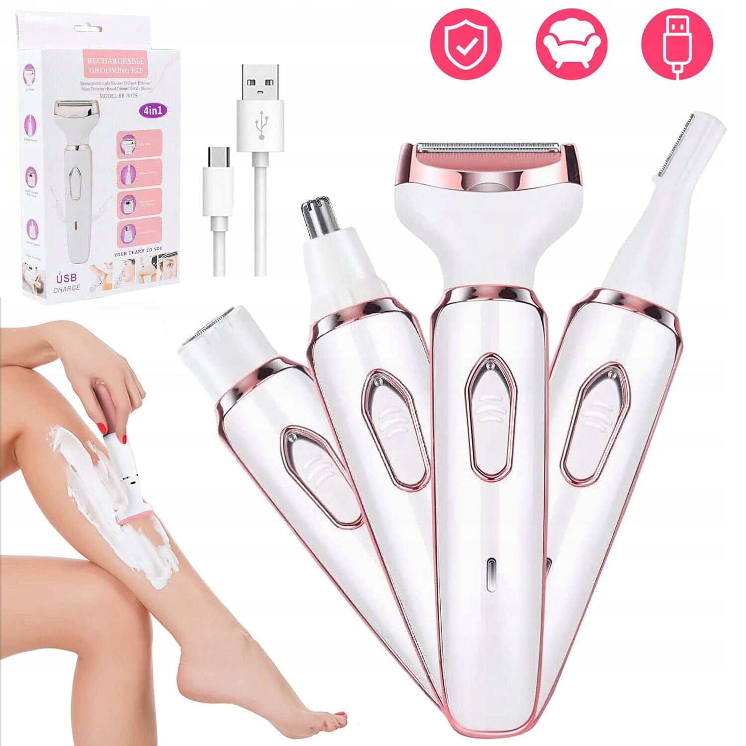 4in1 Wireless Electric Shaver for Women's Underarm and Nose Leg Face