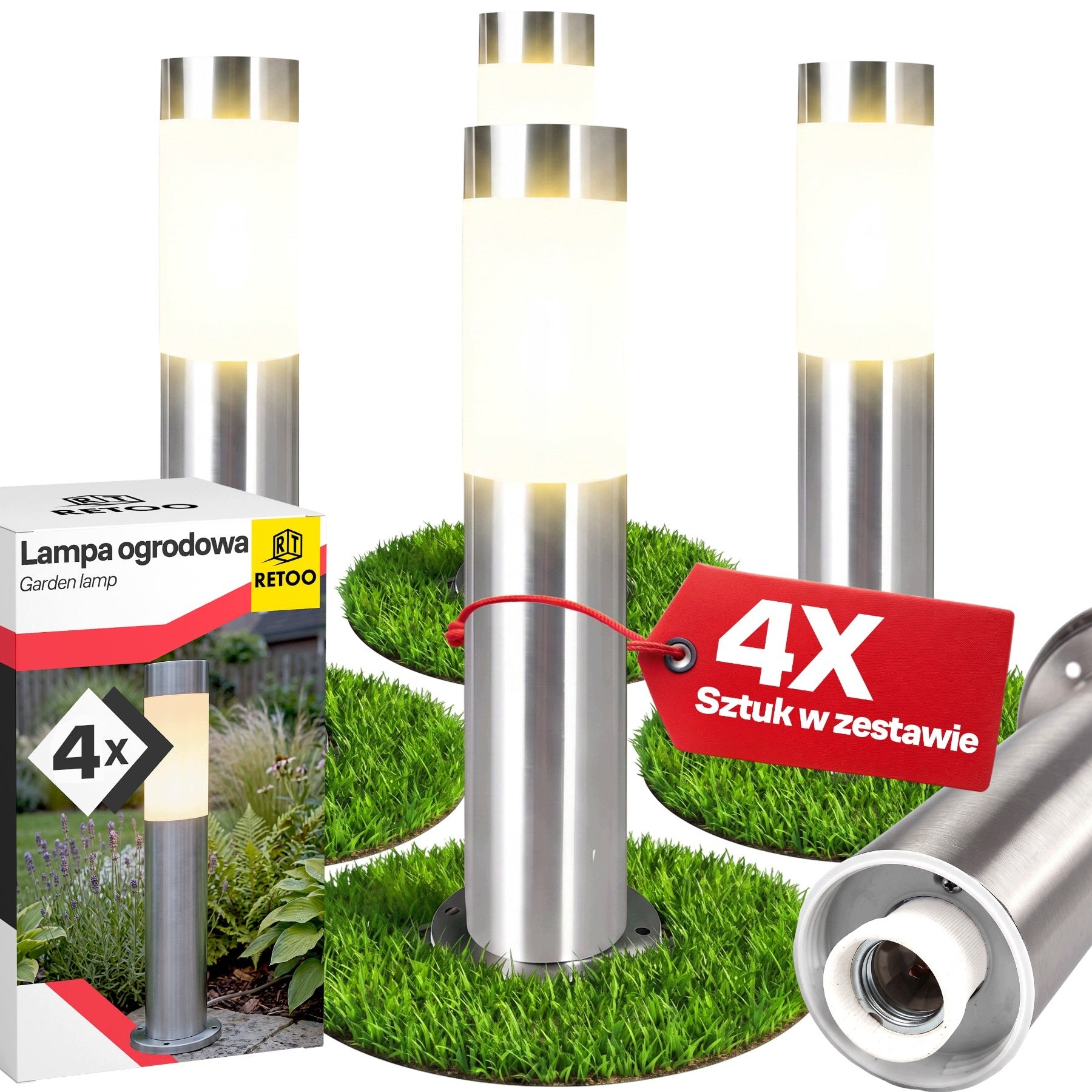 4x GARDEN LAMP LED STANDING POST E27 OUTDOOR 45 CM SILVER ROUND