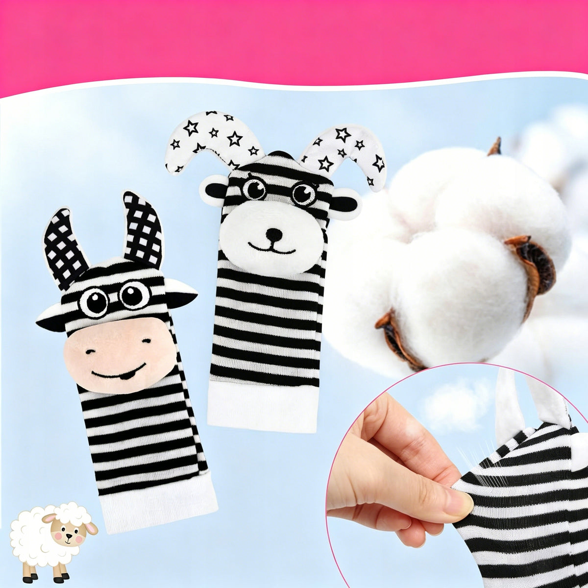 4x SENSORY SOCKS AND 3D RATCHET HEADBANDS FOR BABIES FOR GIFT Manufacturer code BabySock CowSheep Black