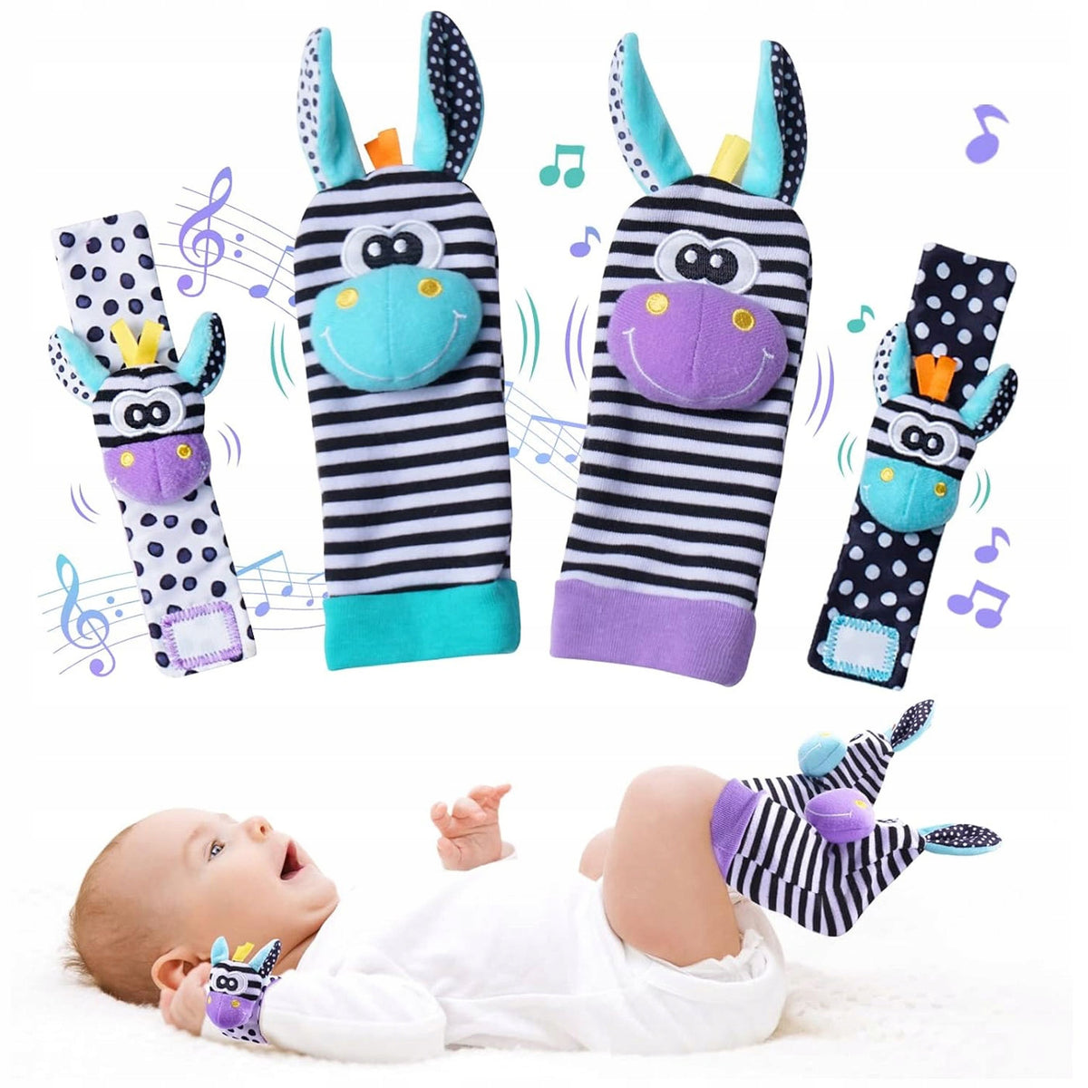 4x SOCKS 3D HANDLE BANDS SOZZY RATTLES FOR BABIES