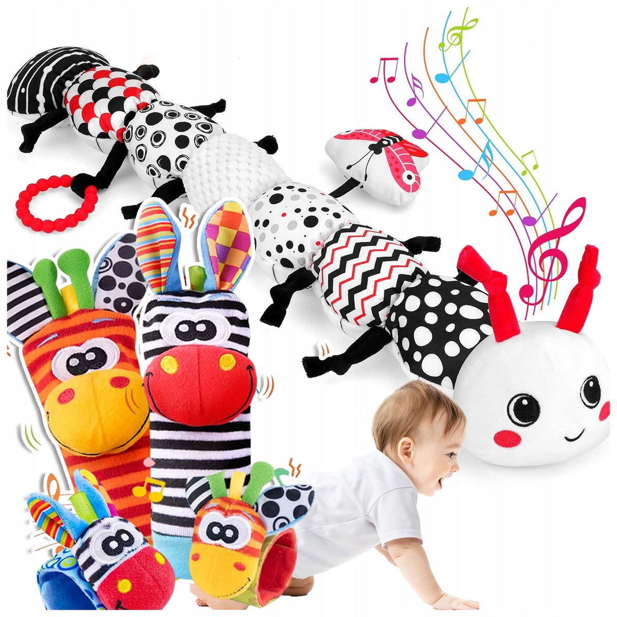 4x SOCKS BANDS 3D RATTLES + CONTRAST TOY SENSORY LONG