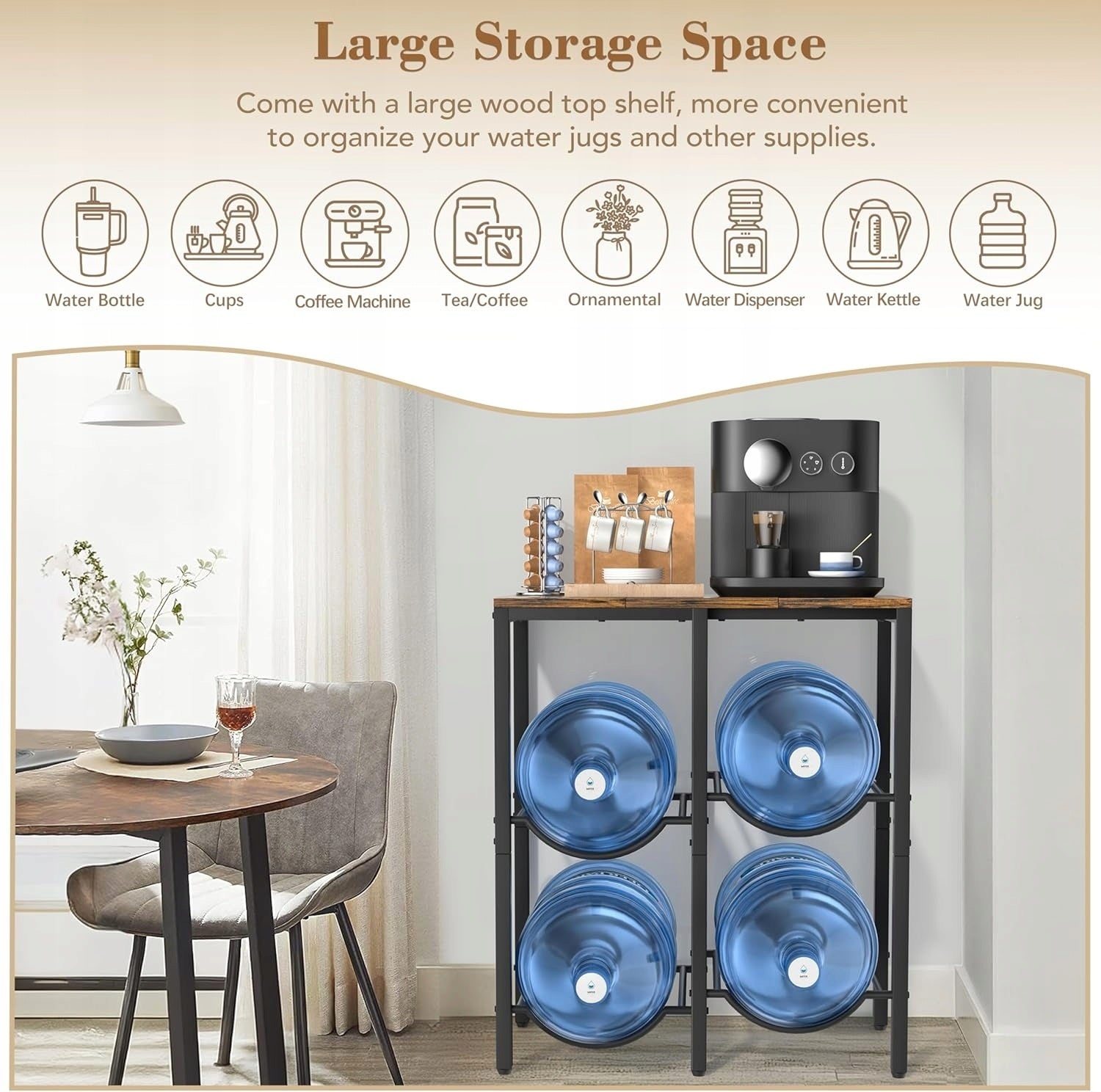 5 GALLON WATER RACK WITH WOODEN SHELF 3 LEVEL BOOKCASE 4 SEATS Model JT-01
