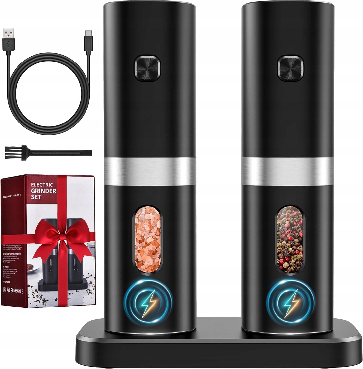 5-LEVEL ELECTRIC MILL FOR SALT AND PEPPER GRINDER SET OF 2 BLACK