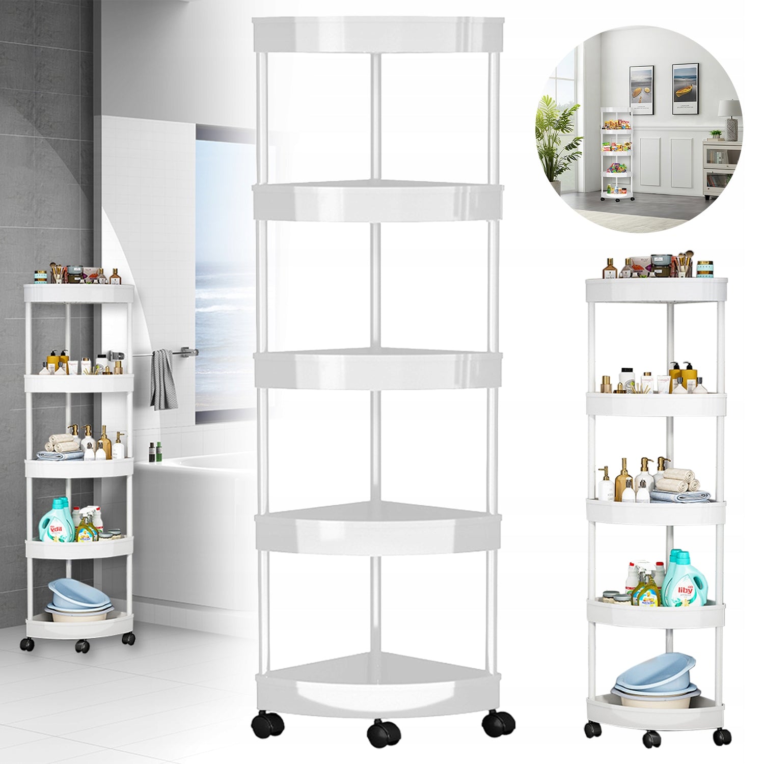 5 LEVELS SHOWER SHELF, WITH WHEELS, PLASTIC CORNER SHOWER RACK