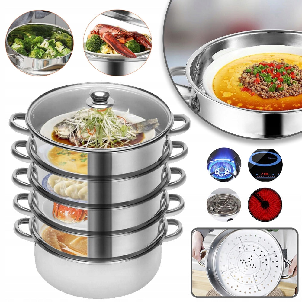 5-PLY STAINLESS STEEL KITCHEN STEAMER WITH GLASS LID 30 CM