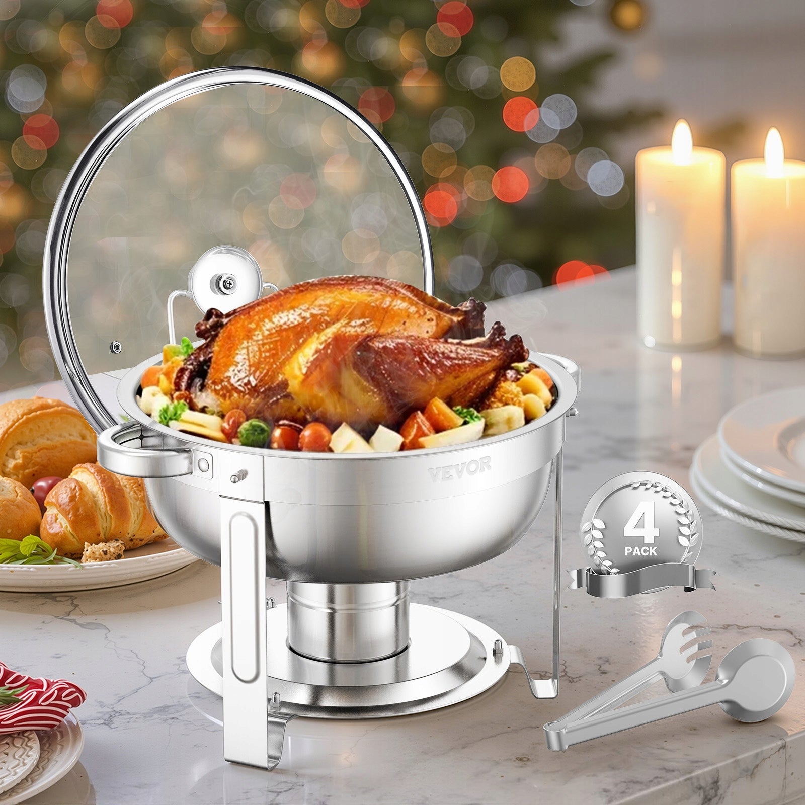 5 Qt 4 Pack Round Chafing Dish Buffet Set Full-Size Pan Stainless Steel Model JZYYXCL5LBL4