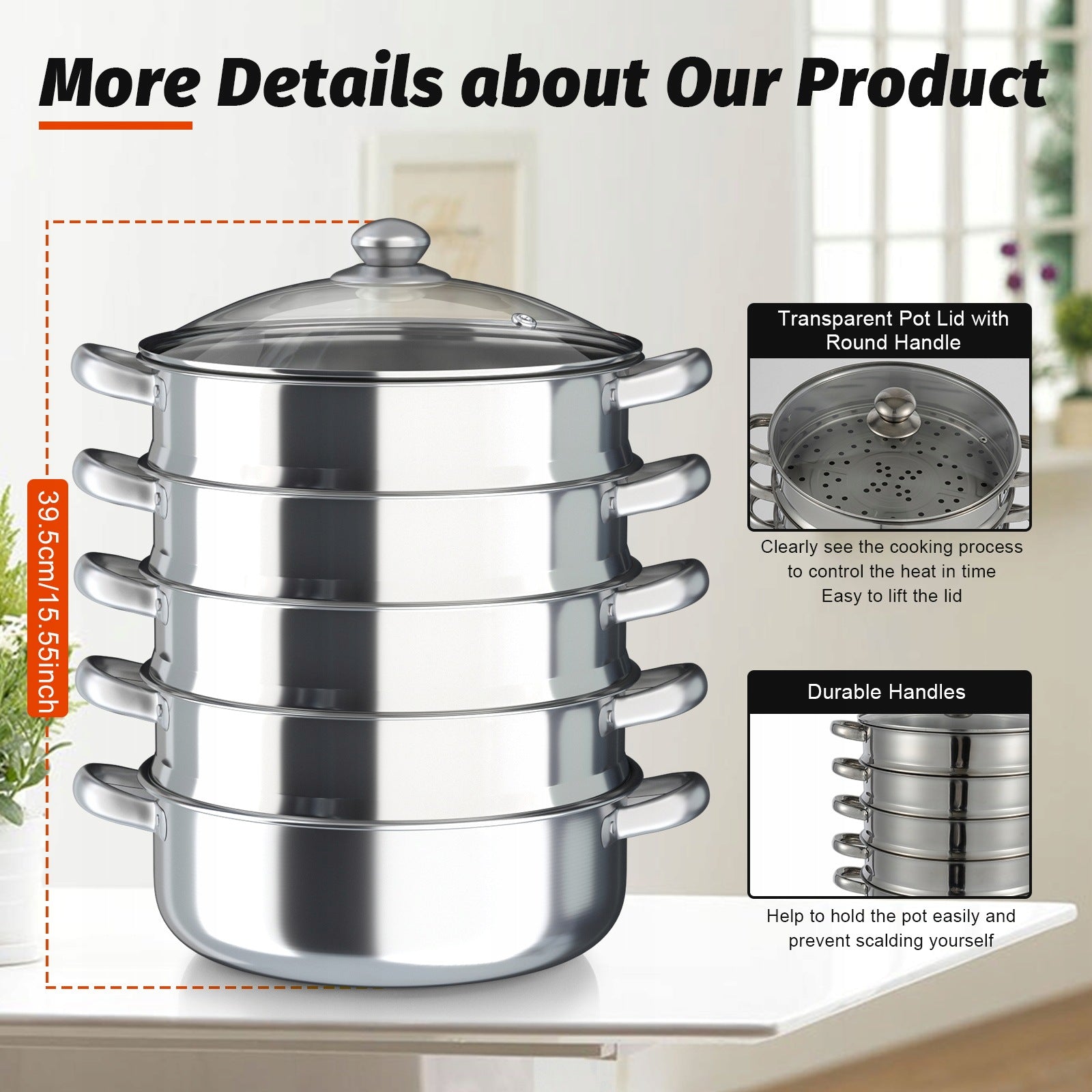 5-Tier Stainless Steel Steamer 30cm for Steam Cooking Even Heating Packaging status original
