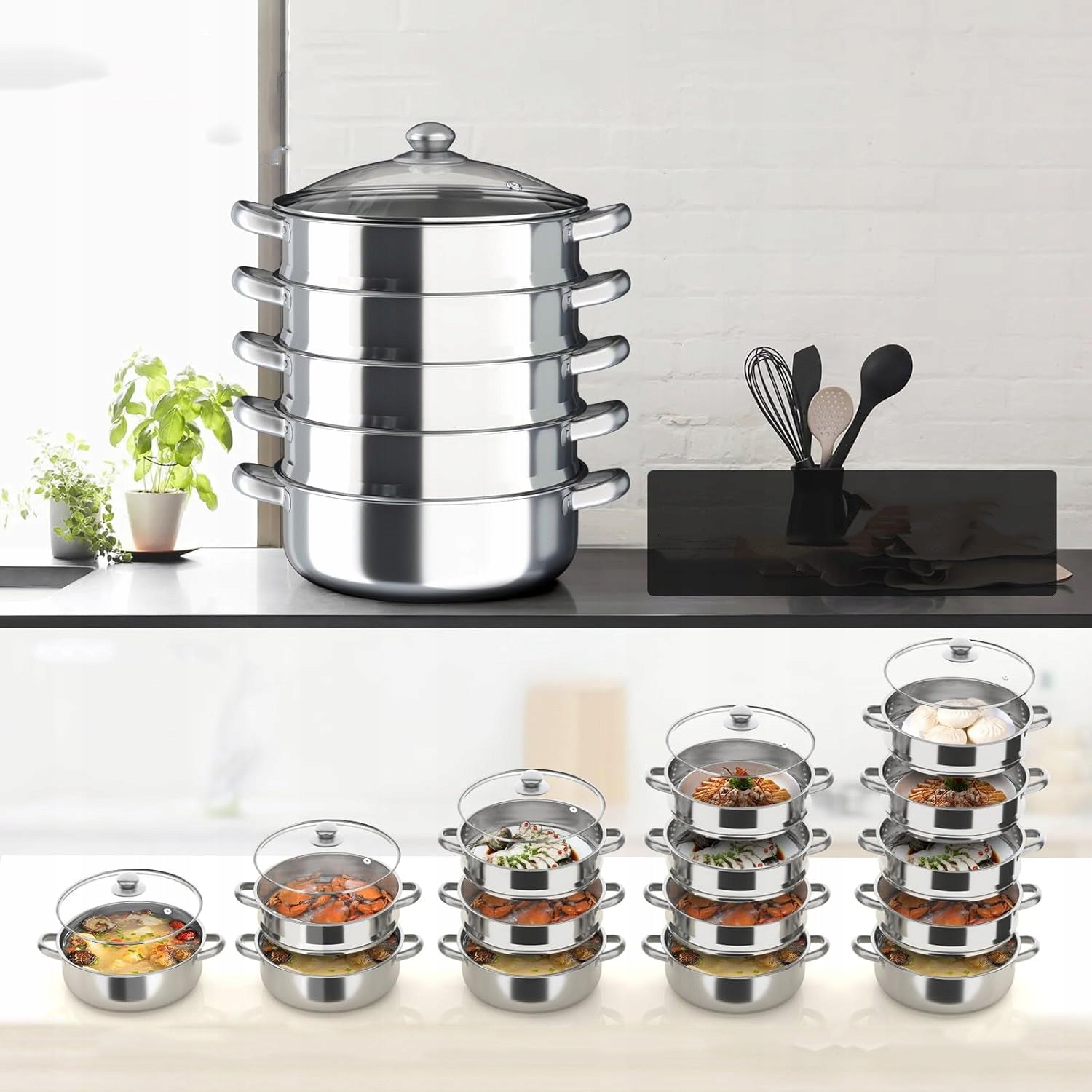 5-Tier Stainless Steel Steamer, Meat and Vegetable Soup Pot Brand no brand