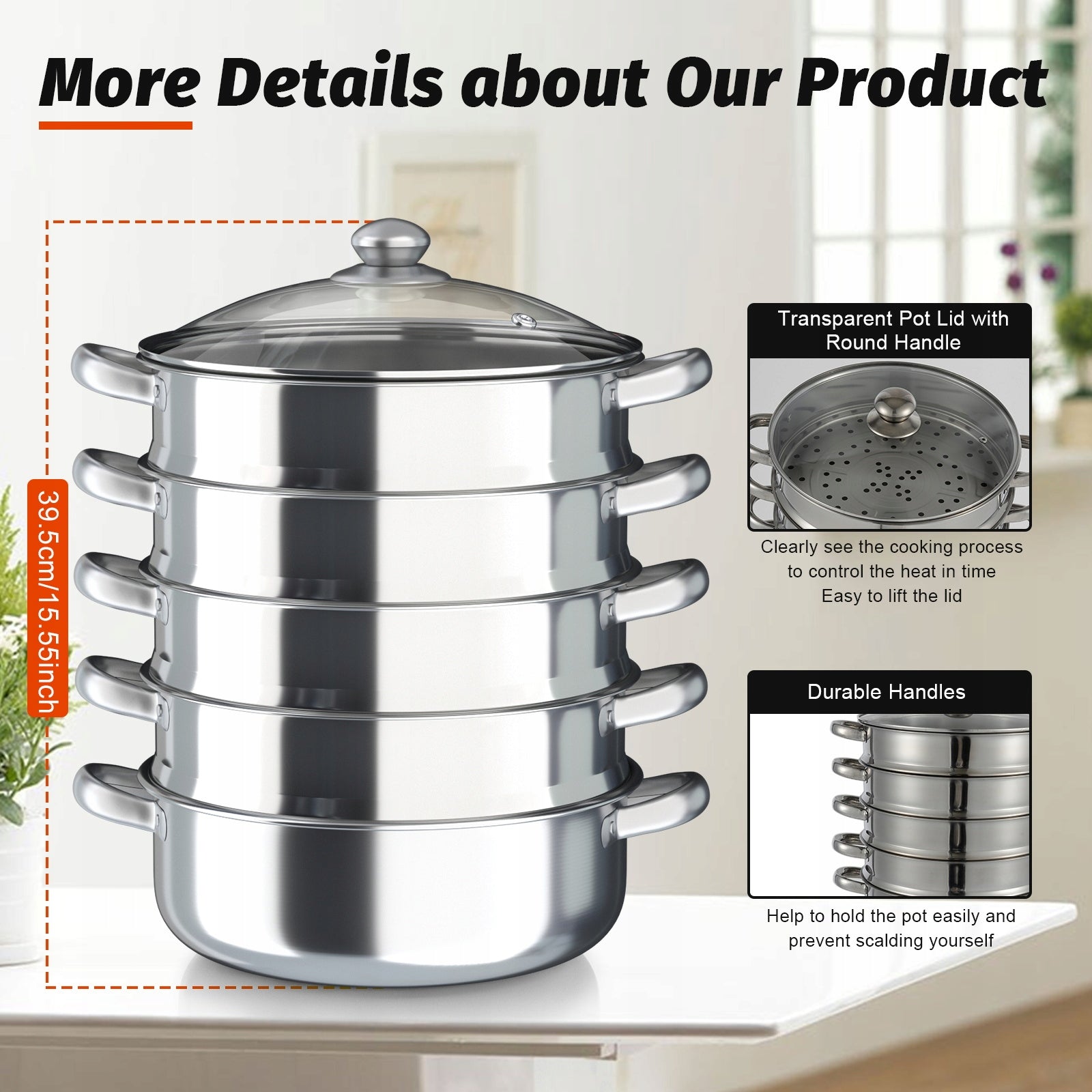 5-Tier Stainless Steel Steamer Pot 30cm Universal for All Stovetops Packaging status original