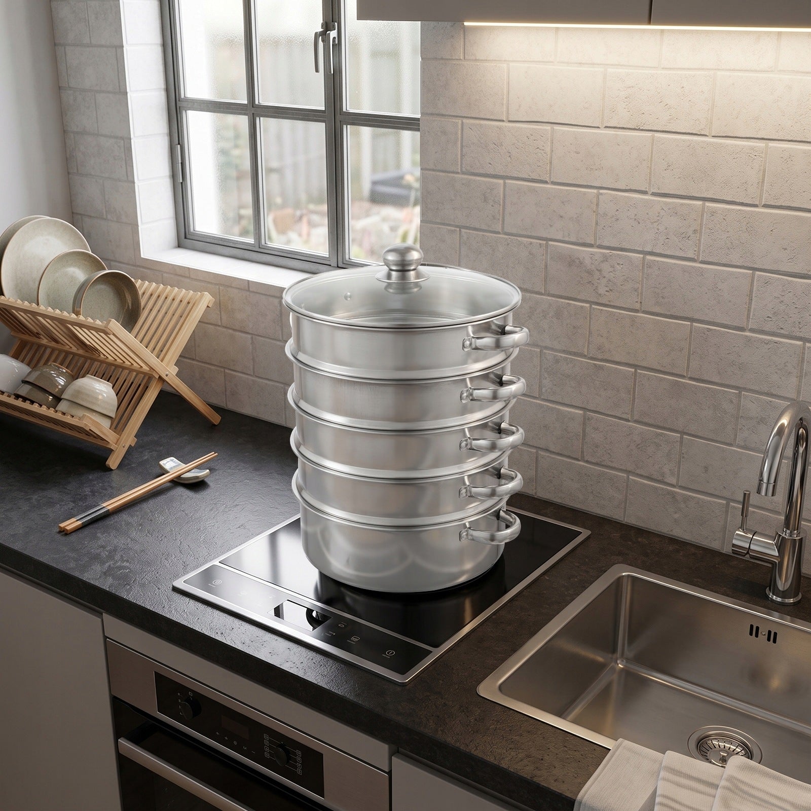 5-Tier Stainless Steel Steamer, Stackable 3-Tier Pot Healthy Cooker 28*40CM Manufacturer code HG-HSYXF-1171