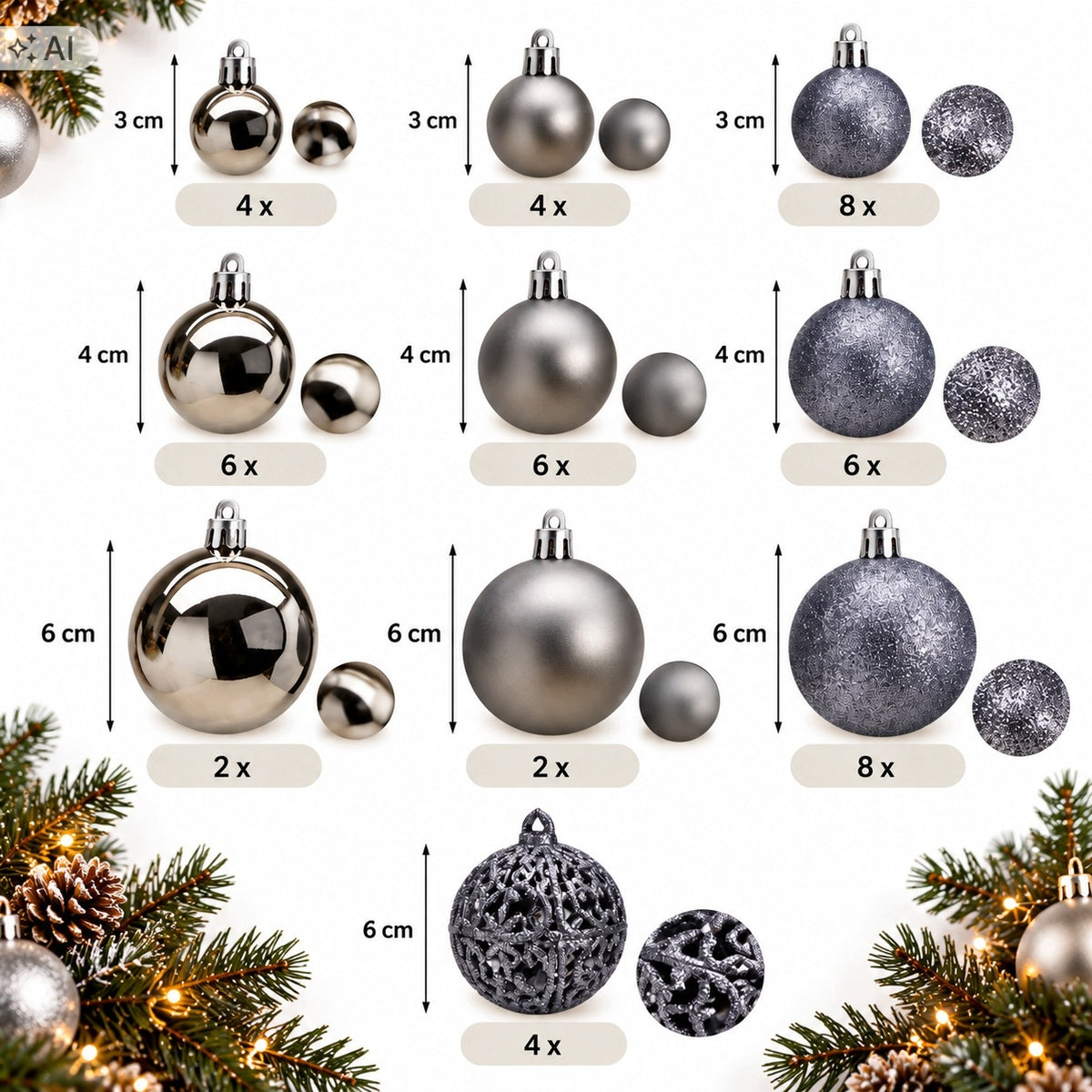 50x CHRISTMAS TREE BAUBLES GREY SILVER SET CHRISTMAS TREE ORNAMENTS SET XL Packaging status original