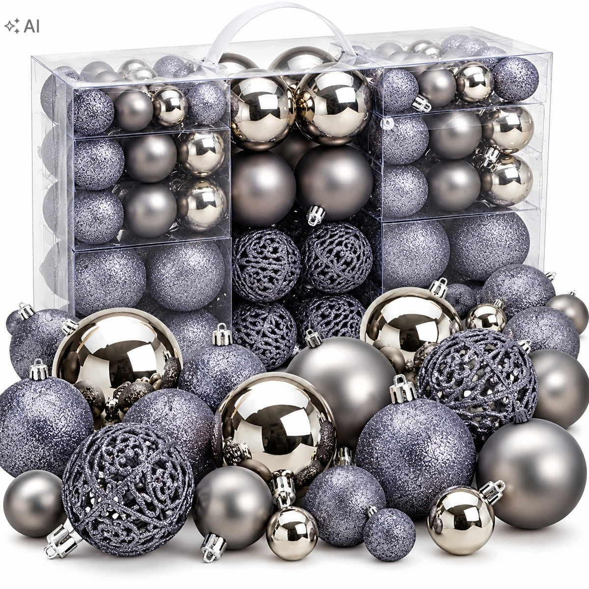 50x CHRISTMAS TREE BAUBLES GREY SILVER SET CHRISTMAS TREE ORNAMENTS SET XL
