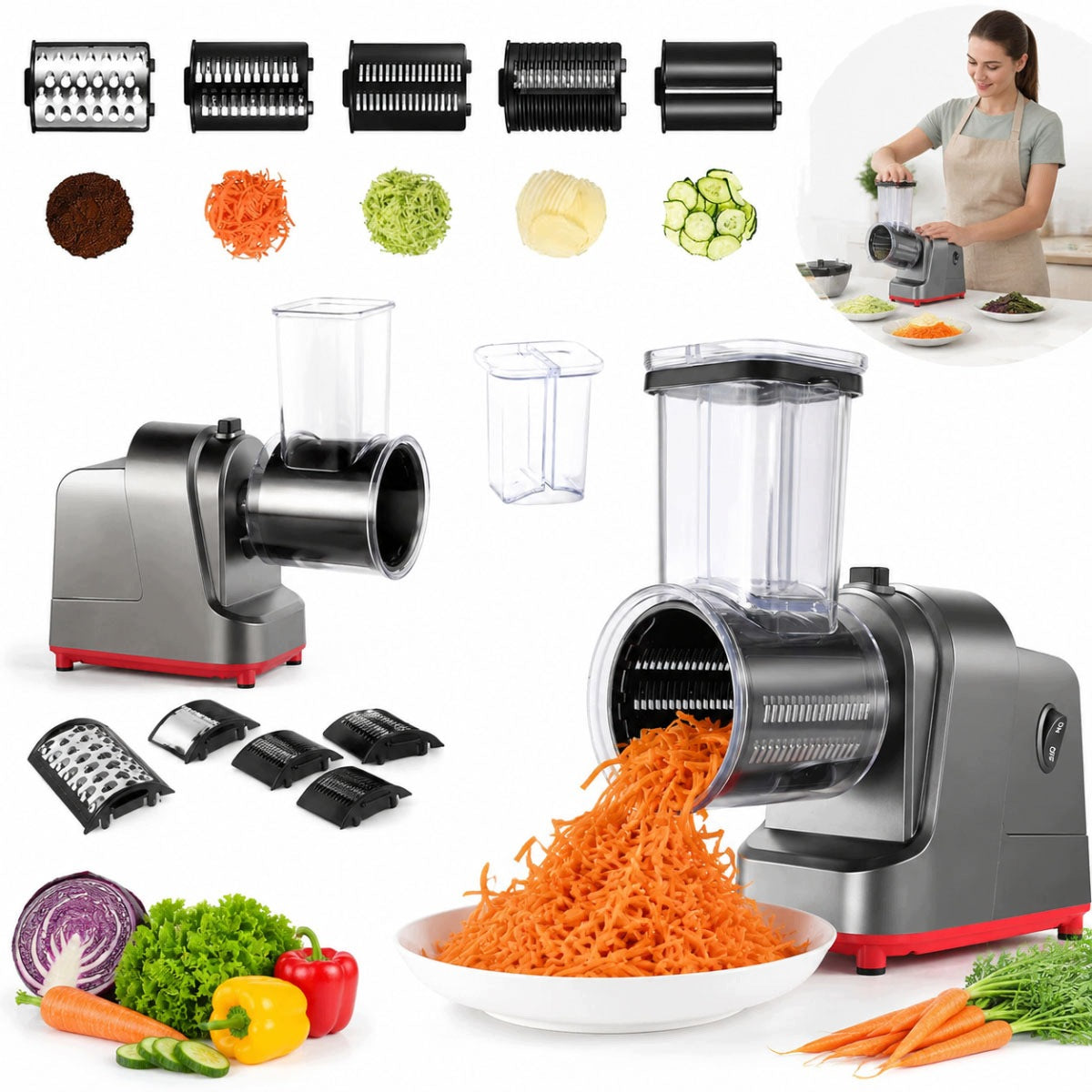 5IN1 ELECTRIC VEGETABLE GRATER 5x BLADES 250W