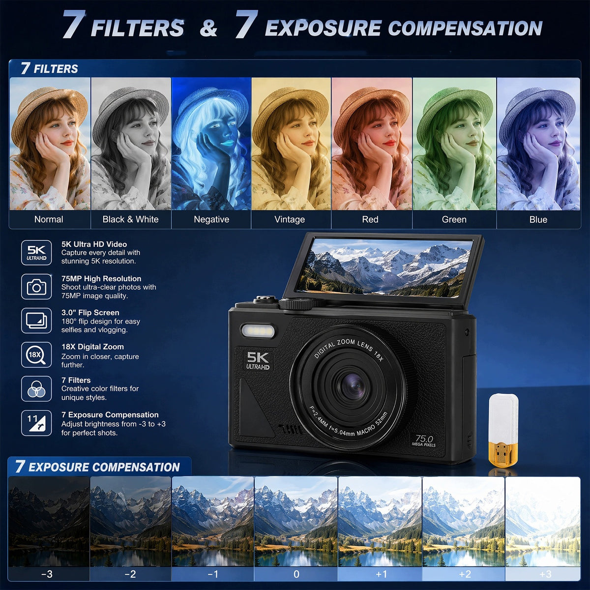 5K 75MP Digital Camera, 18x Zoom, 180° Rotating Screen, Tripod Brand no brand