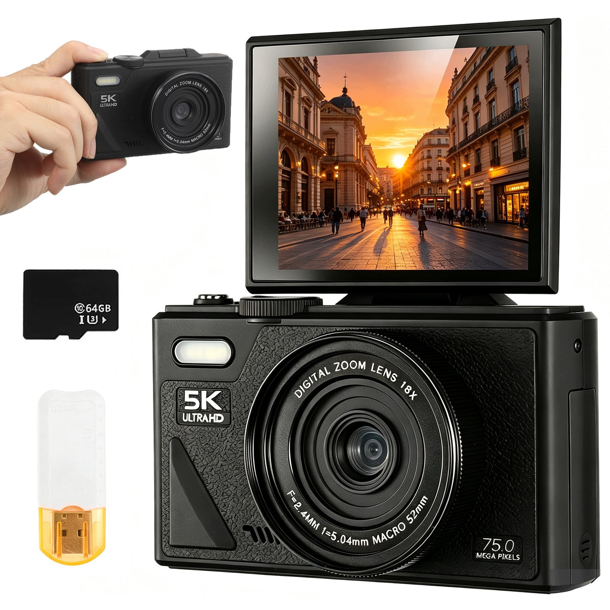 5K 75MP Digital Camera, 18x Zoom, 180° Rotating Screen, Tripod