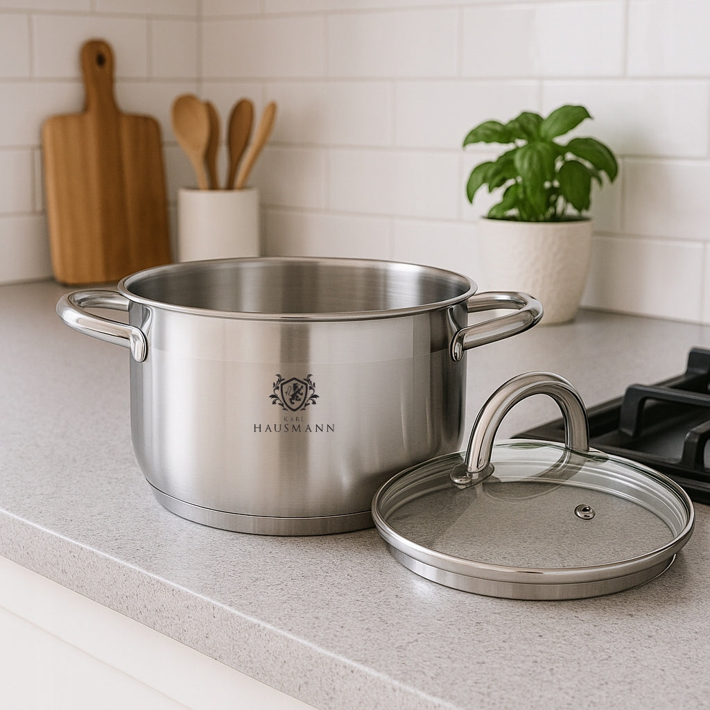 5L STEEL POT FOR INDUCTIONS STAINLESS STEEL GAS GLASS COVER 24cm Brand Karl Hausmann