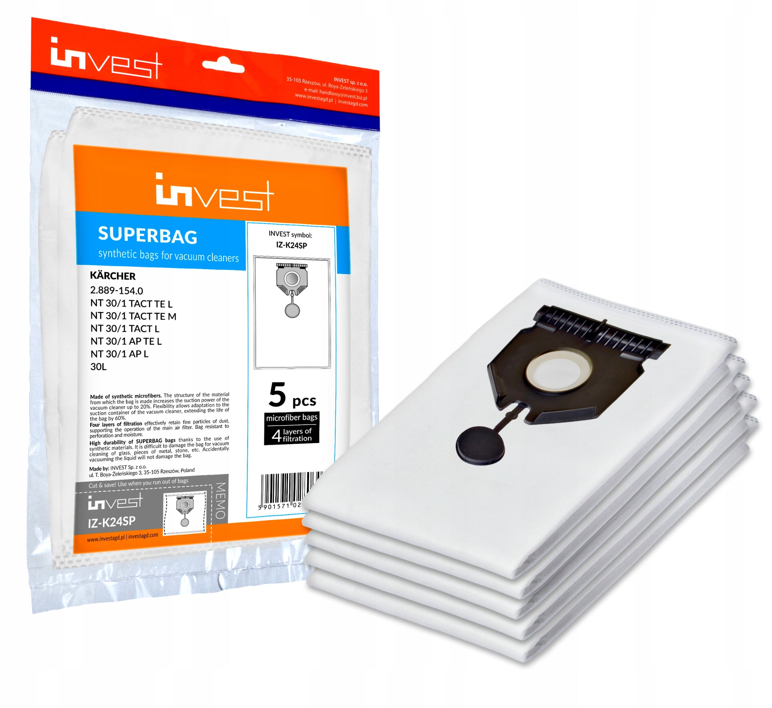5X Vacuum Cleaner Bags Karcher NT 30/1 Tact Te L Replacement 2.889-154.0