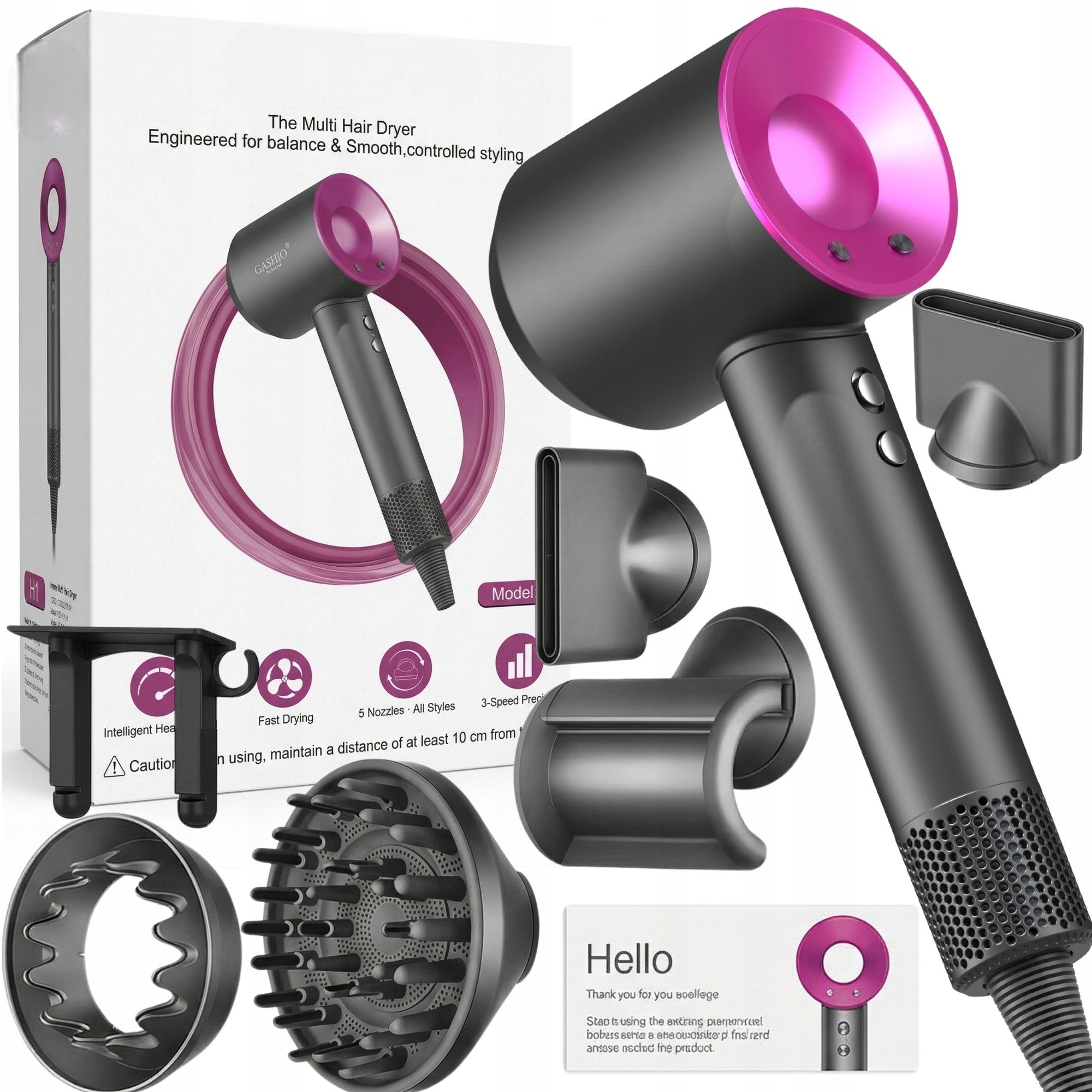 5in1 PROFESSIONAL POWERFUL HAIR DRYER WITH IONIZATION + ANMAXO TIPS Packaging status original