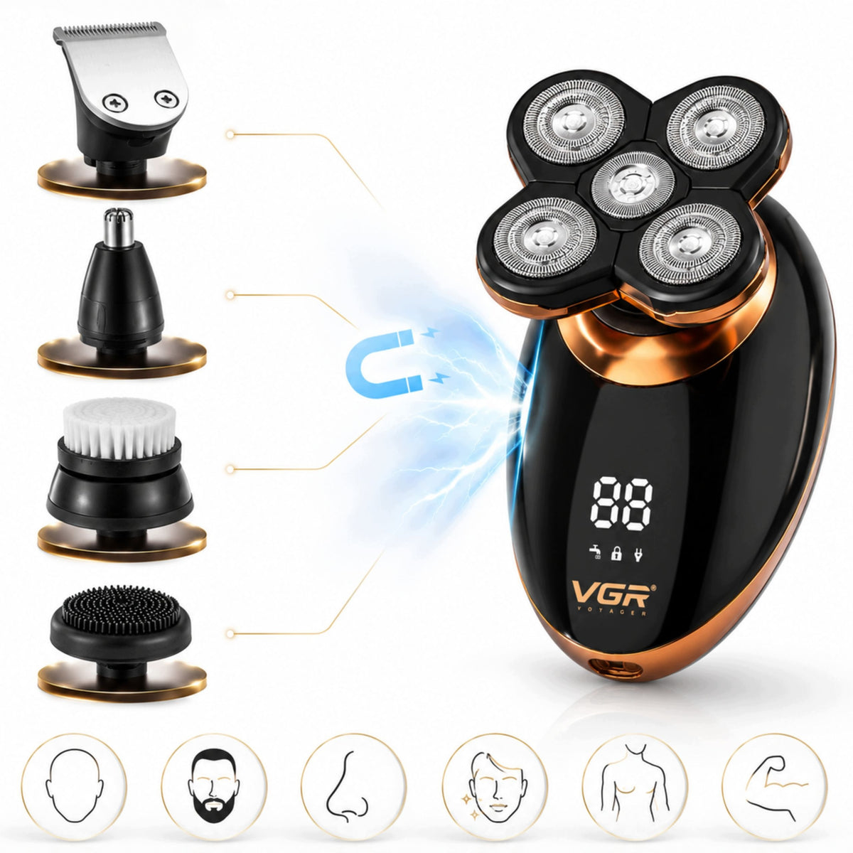 5in1MEN'S SHAVER RAZOR LED EAR NOSE TRIMMER USB FACIAL HAIR Brand VGR