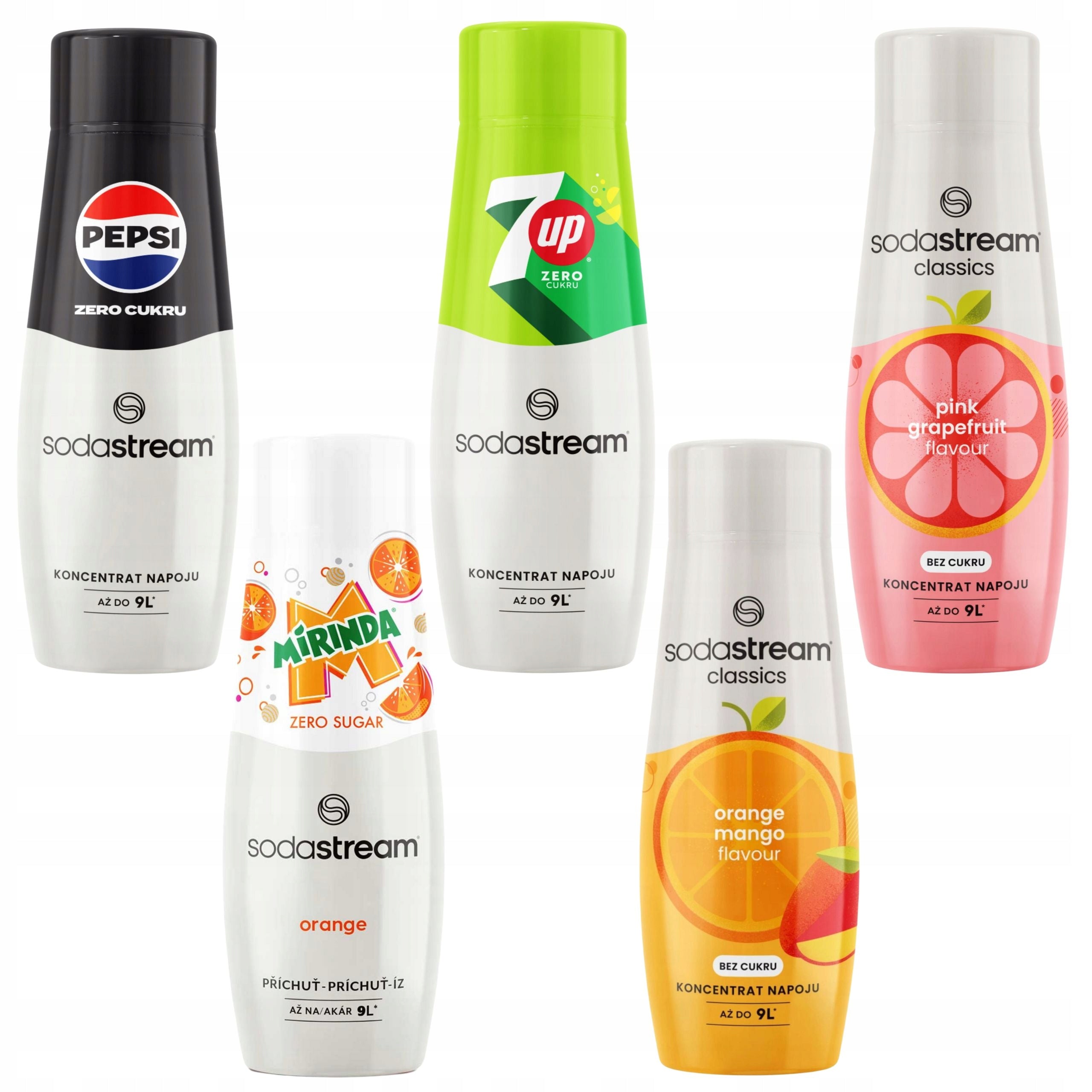 5x SYRUP SODASTREAM SET WITHOUT SUGAR PEPSI MAX, MIRINDA ZERO, 7UP ZERO JUICE Packaging status original