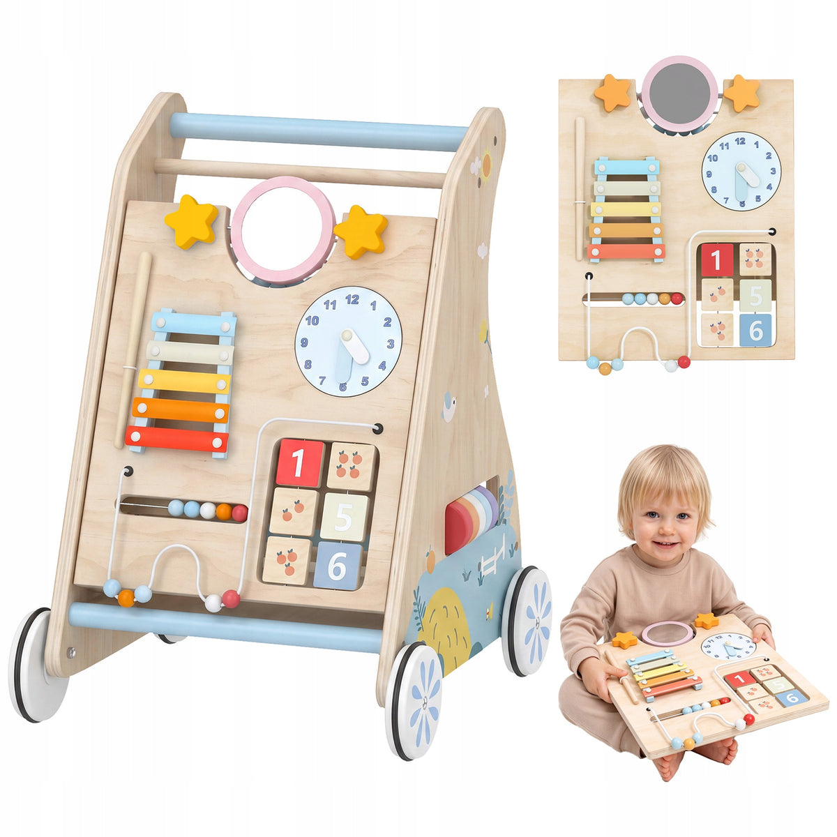 6-in-1 pusher for learning to walk with double-sided activity board and bag