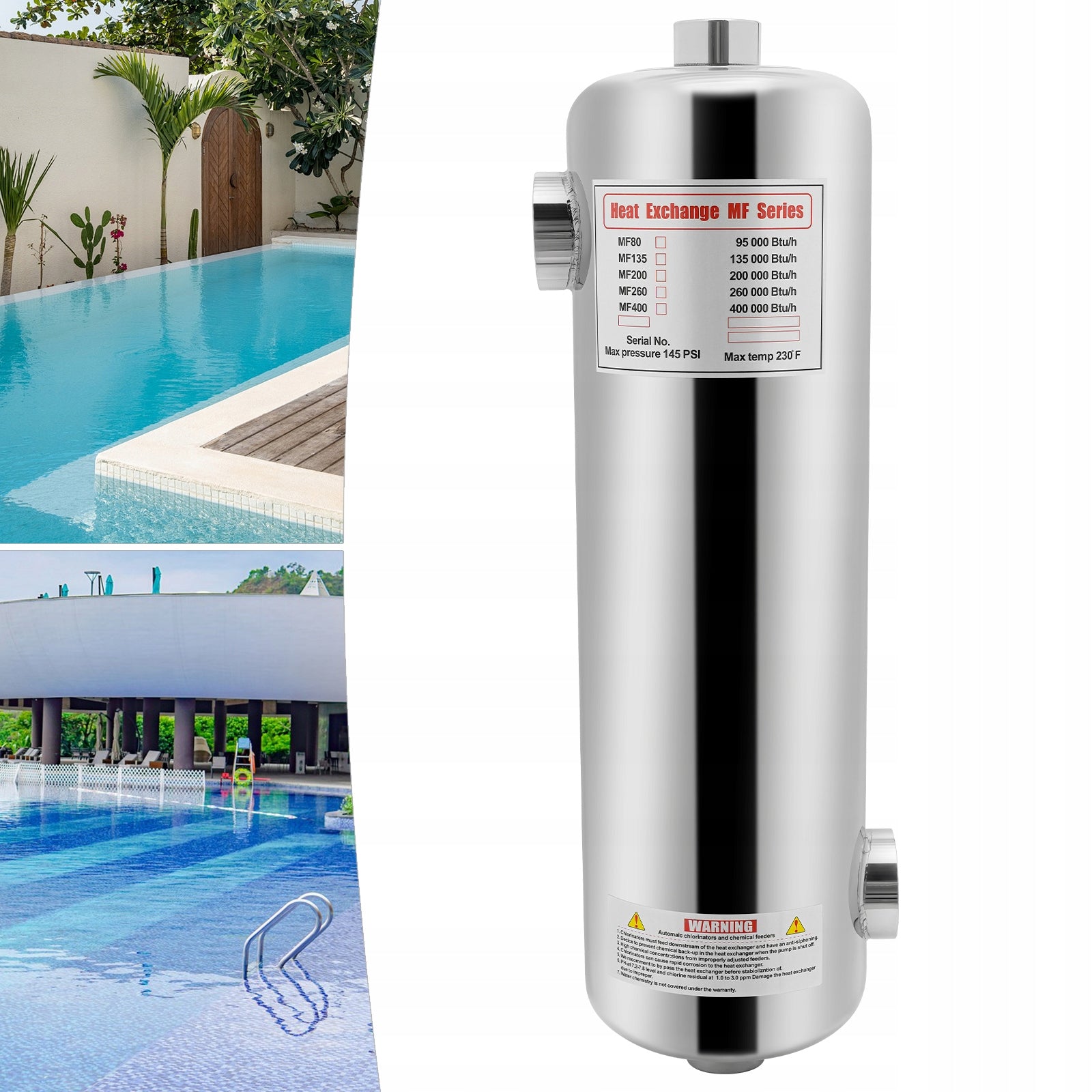 60 KW 200KBTU/H STAINLESS STEEL POOL HEATER SWIMMING POOL HEAT EXCHANGER Manufacturer code 94361