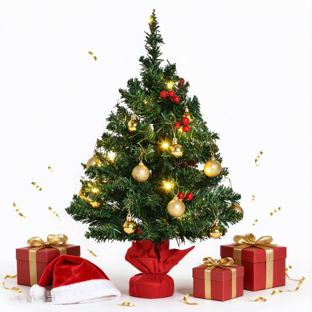 60cm LED Mini Christmas Tree With LEDs Golden Baubles & Holly Berries