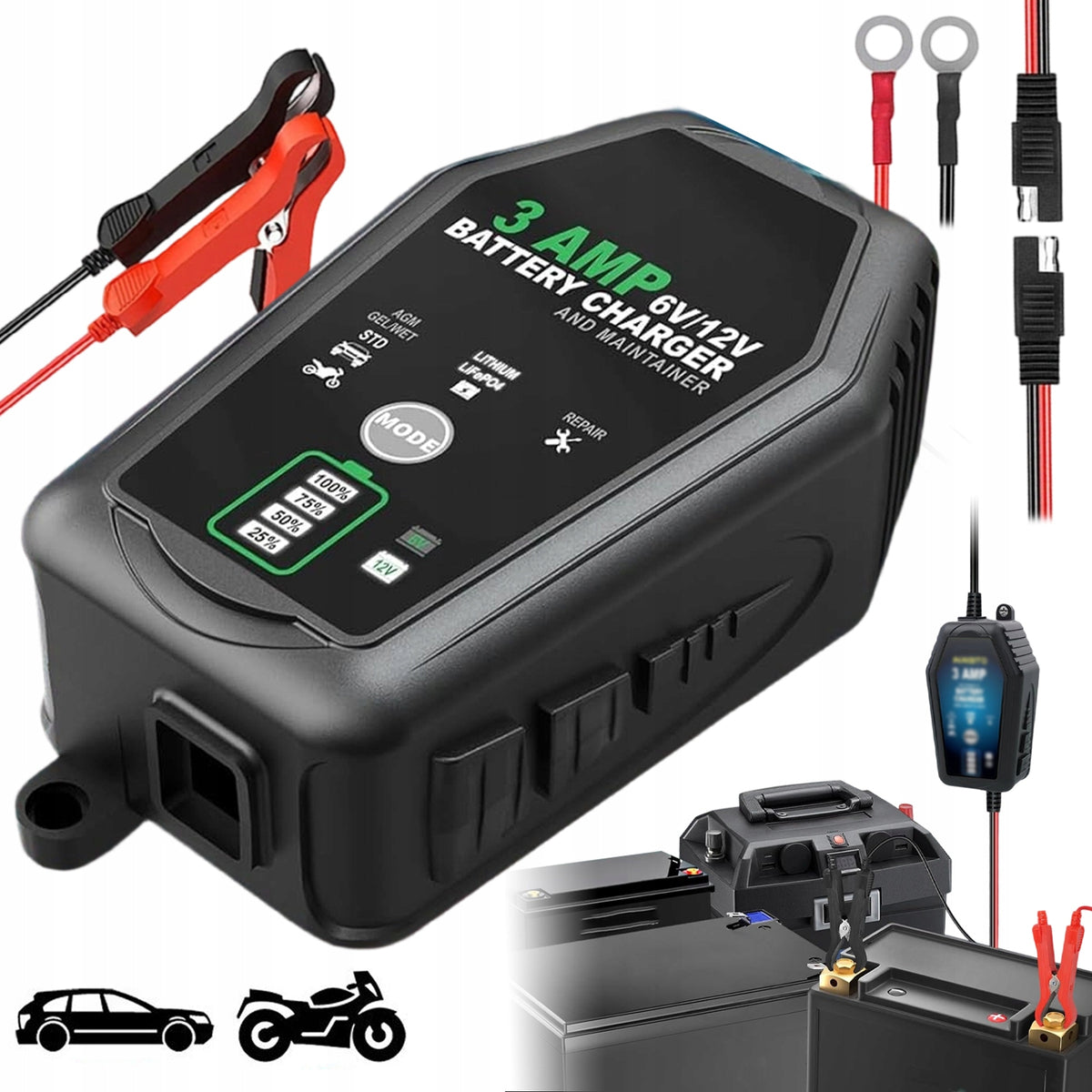 6V 12V SMART 3A BATTERY CHARGER FOR CAR AND MOTORCYCLE