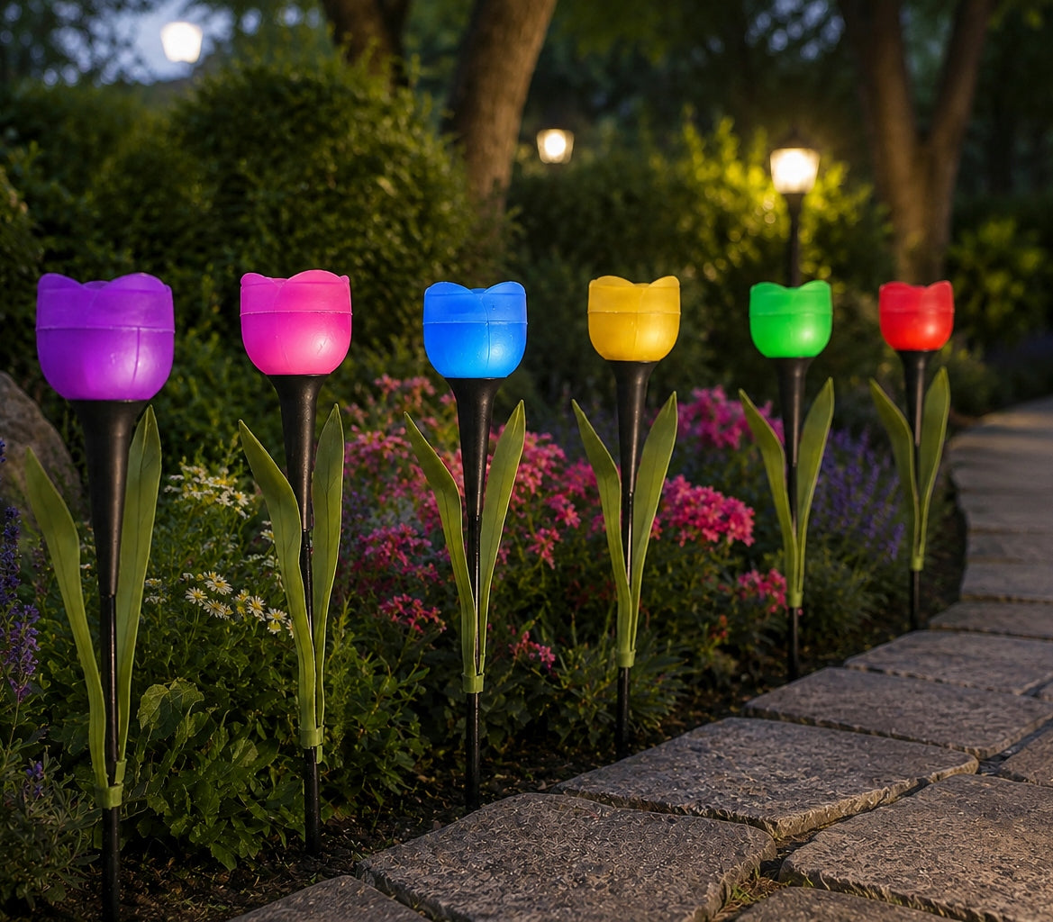 6x Solar Lamp Punched LED Tulips Colorful LED Decorative Flower Packaging status original