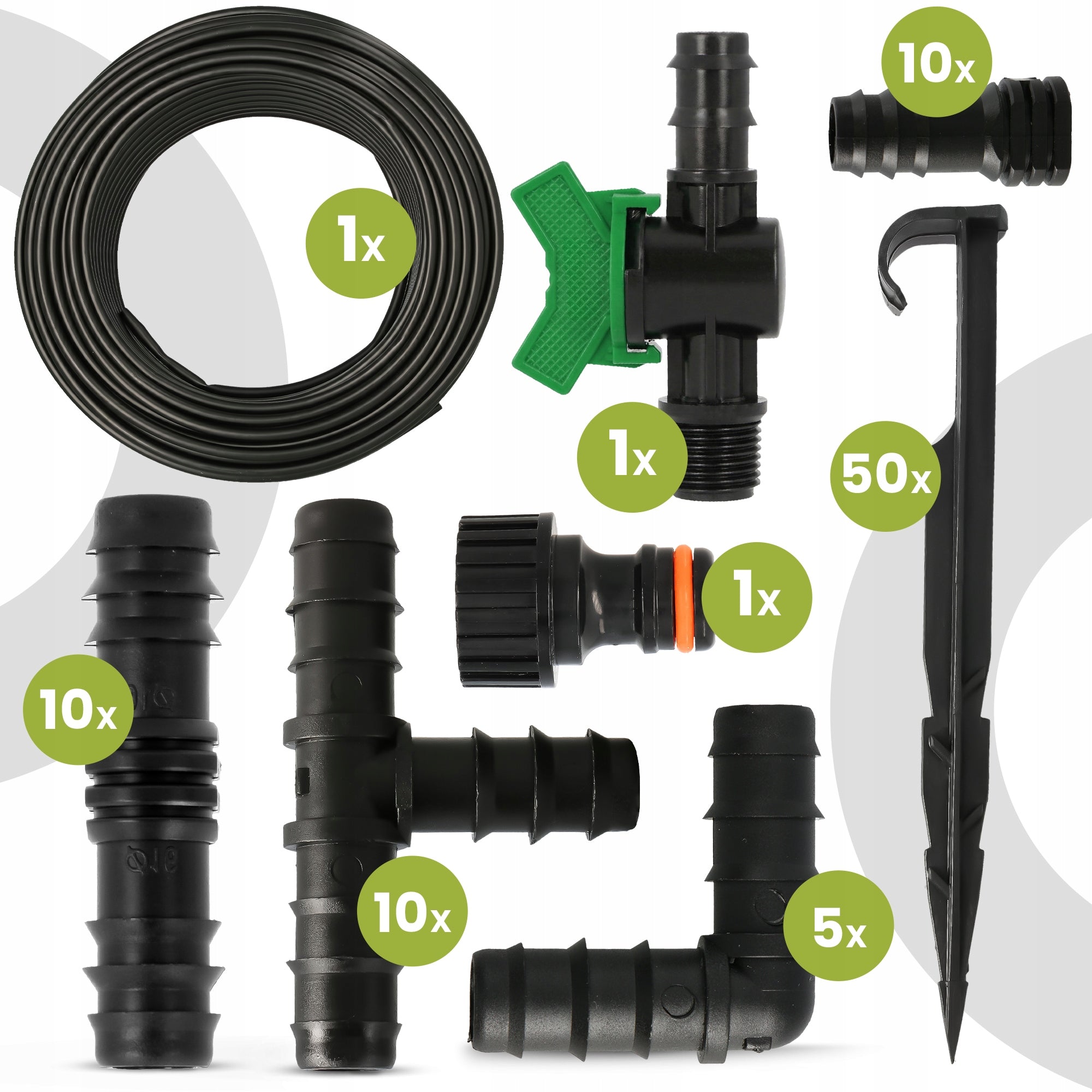 Lašelinė laistymo sistema PE 16 mm, 100 m, 87 dalių rinkinys