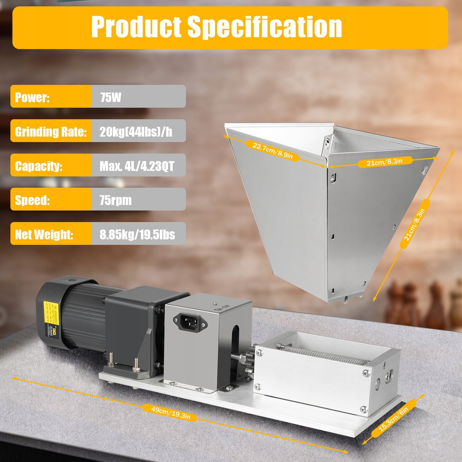 75W Electric Grain Grinder, 220V Stainless Steel Crusher, 49*15.3*28.4cm Packaging status original