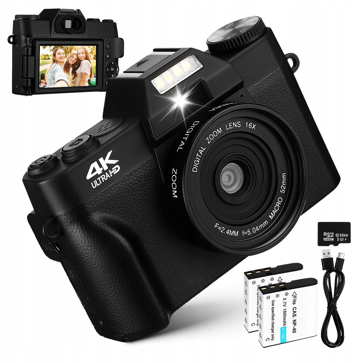 76MP DIGITAL CAMERA WITH 16X ZOOM AND 4K VIDEO FOR VLOGGERS WITH 32GB CARD