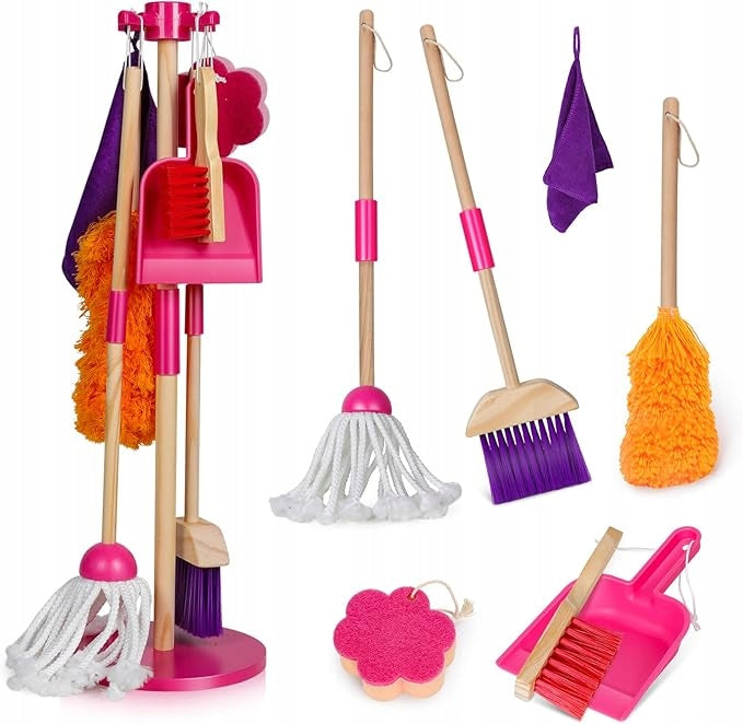 8-piece cleaning set for children with dustpan mop broom pink