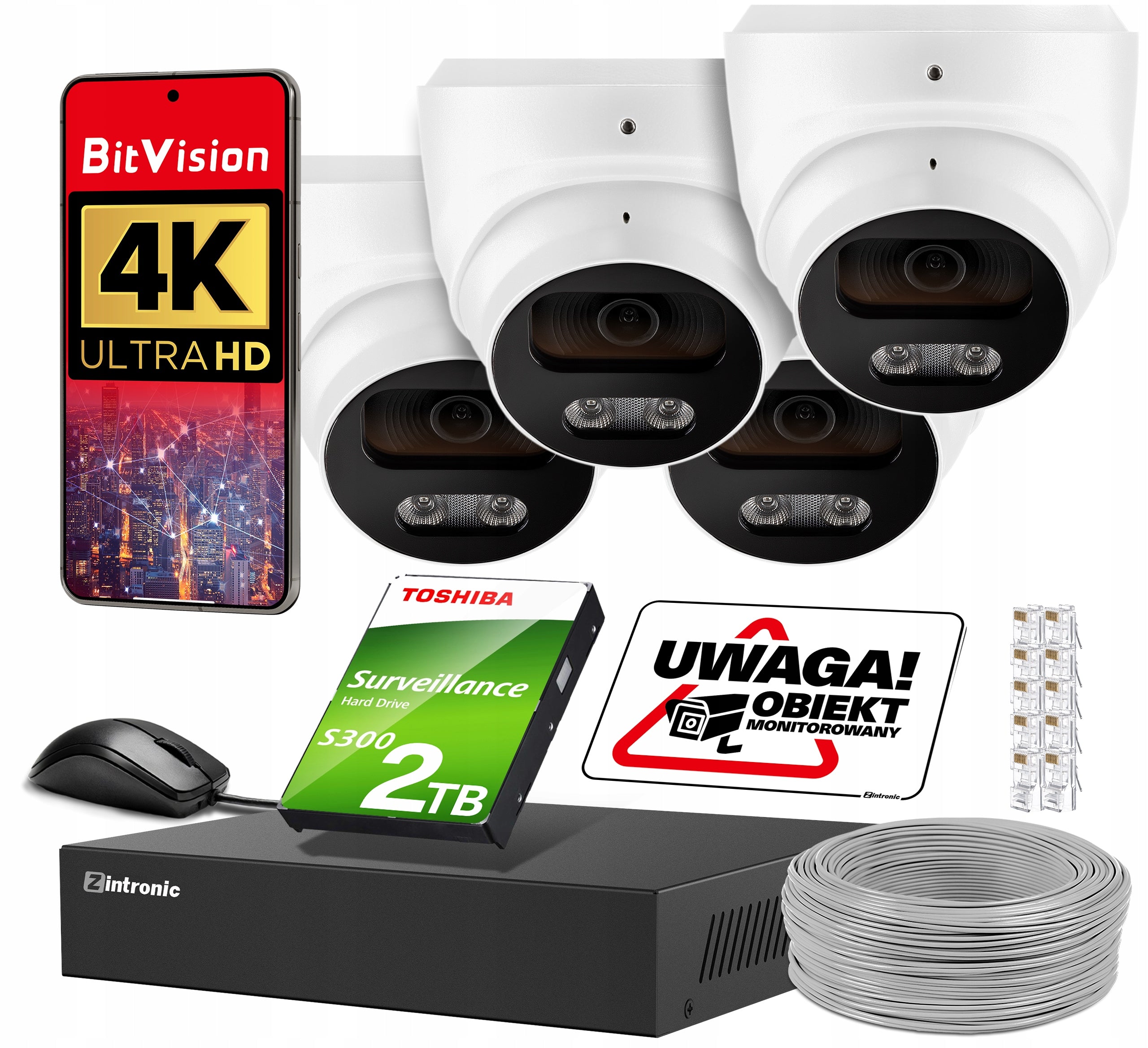 8Mpx IP POE MONITORING KIT 4 CAMERAS + 2TB DRIVE, AUDIO HUMAN DETECTION