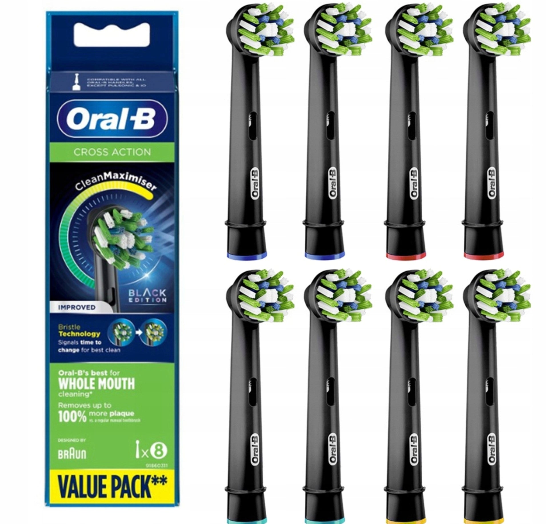 8XORAL-B Braun CROSS ACTION EB50 BLACK TIP FOR ELECTRIC TOOTHBRUSH