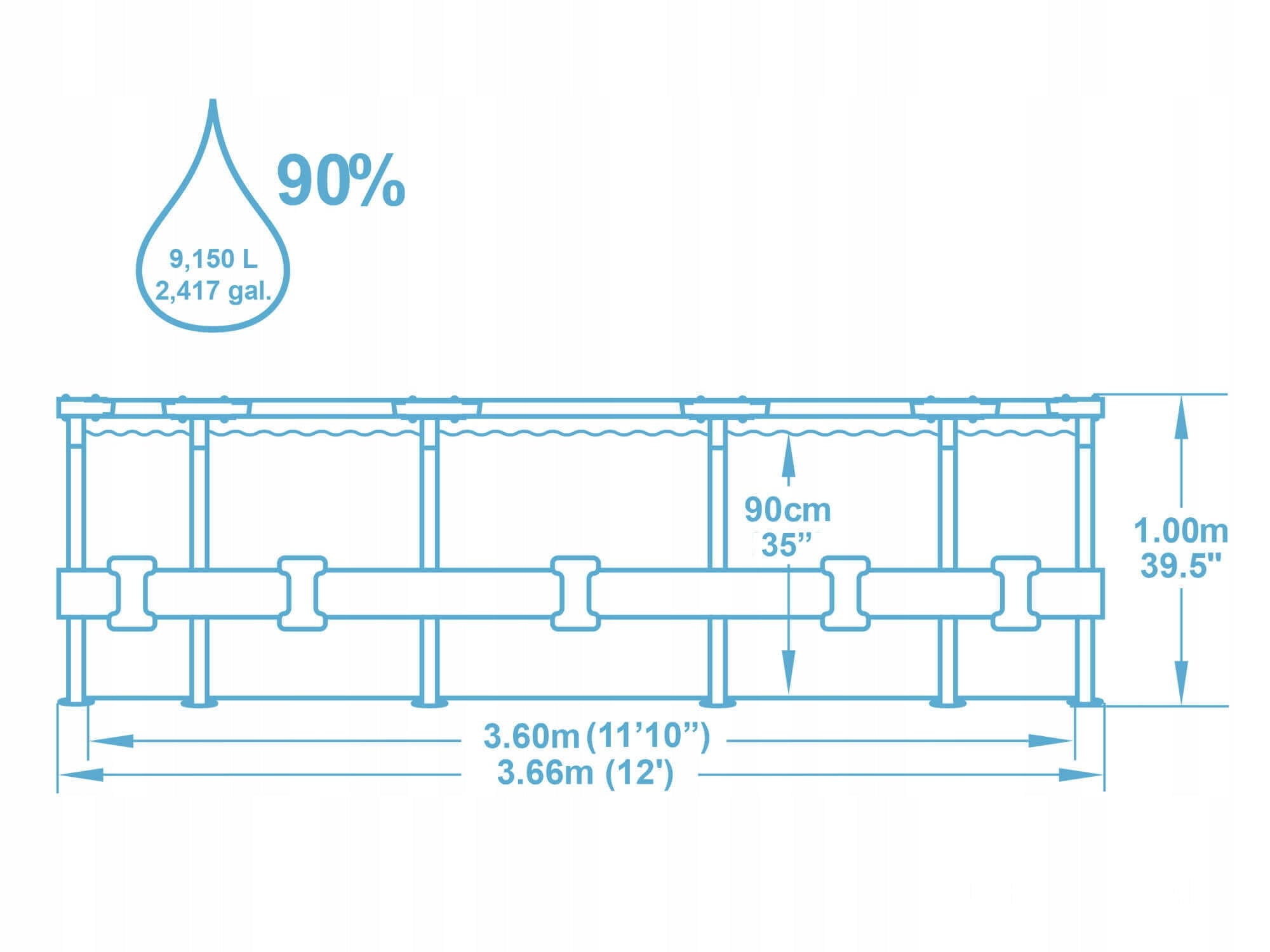8in1 GARDEN FRAME POOL 366x100 cm + PUMP + LADDER BESTWAY Brand Bestway