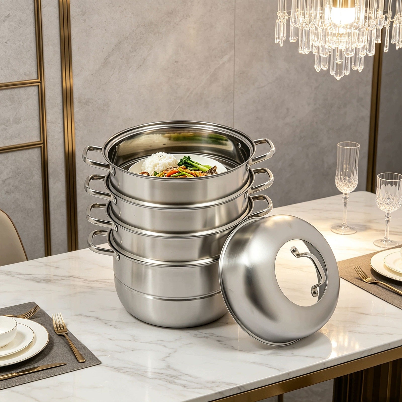 9L 32cm Stackable Steamer Stainless Steel Steamer With Lid Bottom Pot Packaging status original