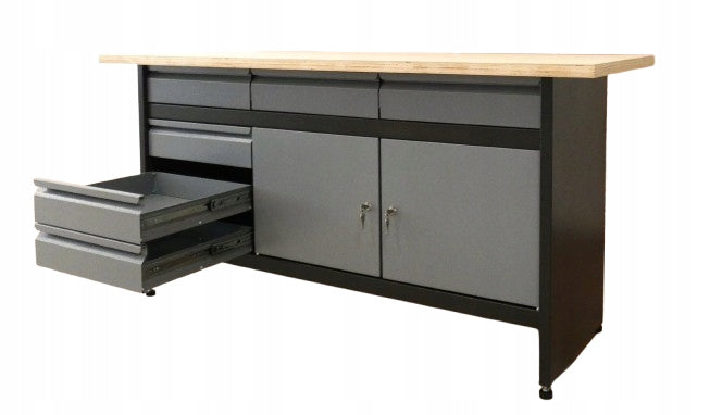 A workbench for a locksmith's garage, tools, COLORS, drawers, and a cabinet