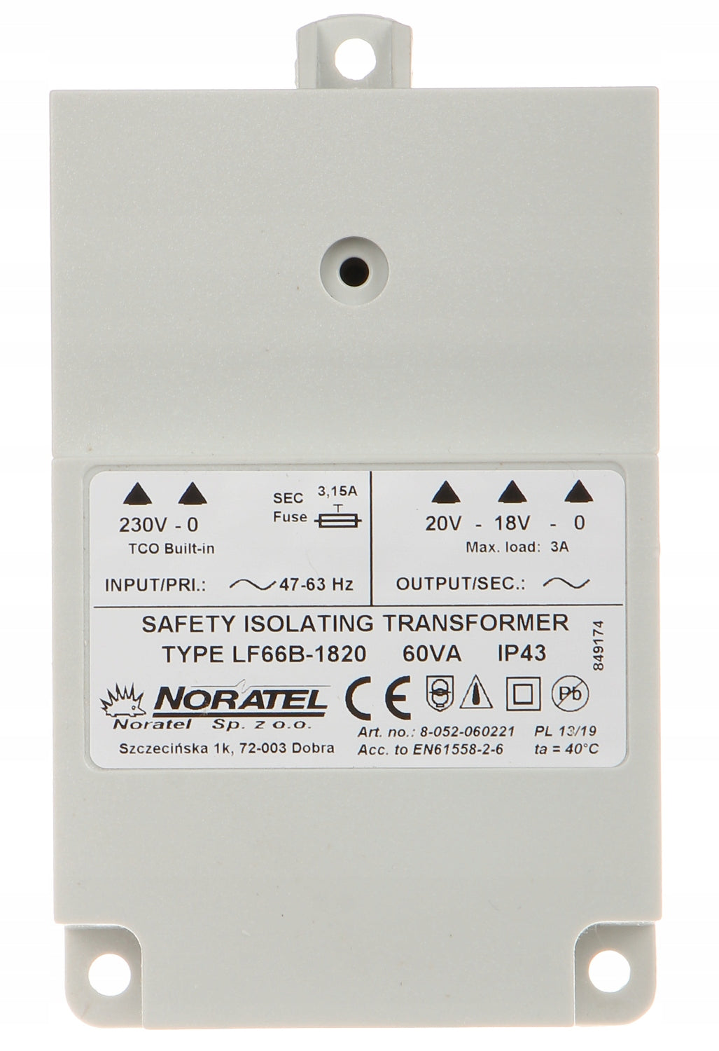 AC POWER SUPPLY 18 V AC 20 V AC TRANSFORMER SATELLITE LF66B-1820 Manufacturer code TRANSFORMATOR SATEL LF66B-1820