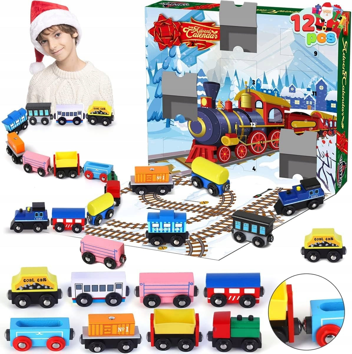 ADVENT CALENDAR 2025 WOODEN TRAIN MAGNETIC WAGONS FOR CHILDREN